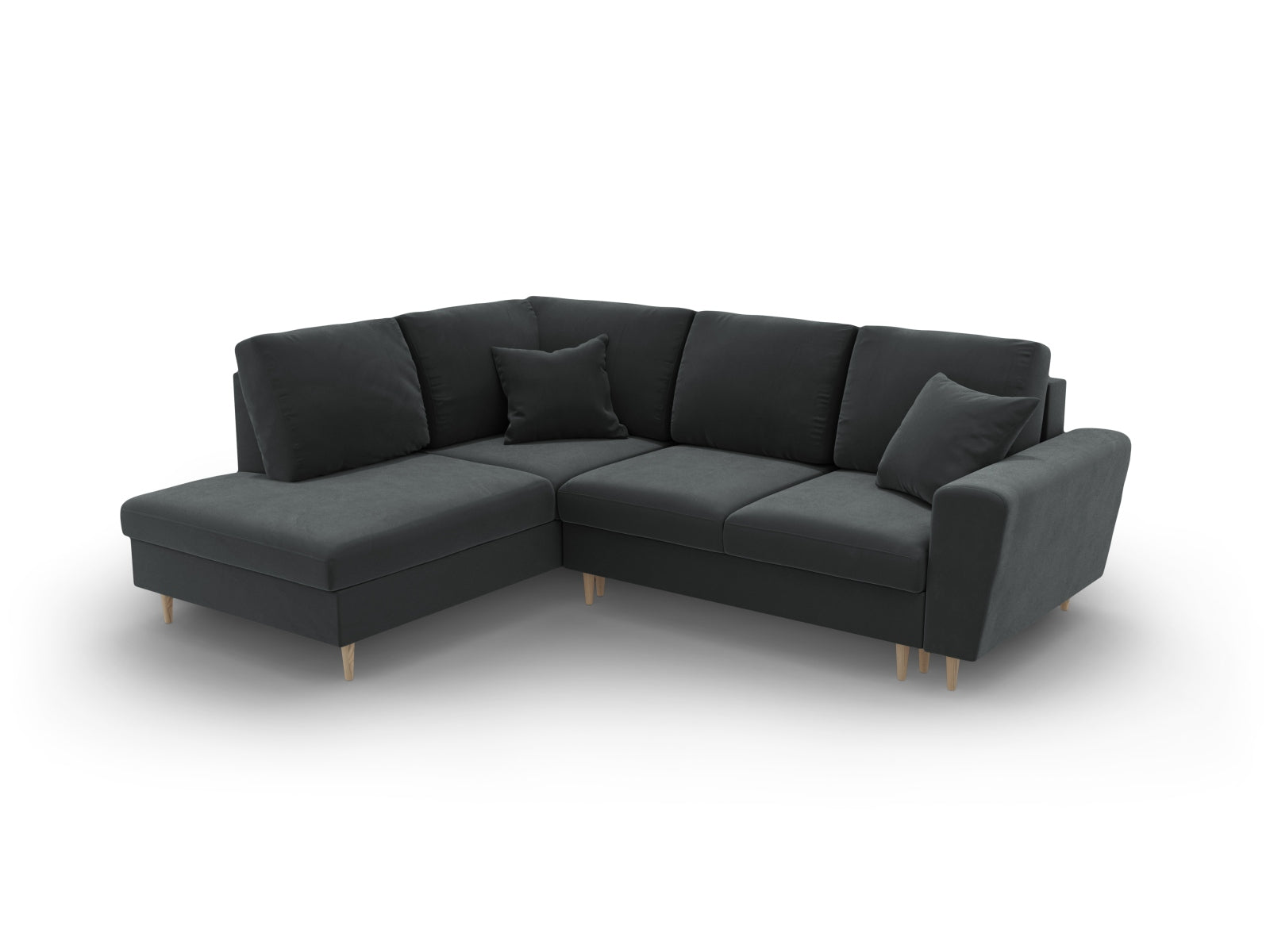 Erleben Sie das Kyoto Velour Ecksofa links: elegantes 5-Sitzer Sofa mit Schlaffunktion und Stauraum, ideal für modernes Wohnen!