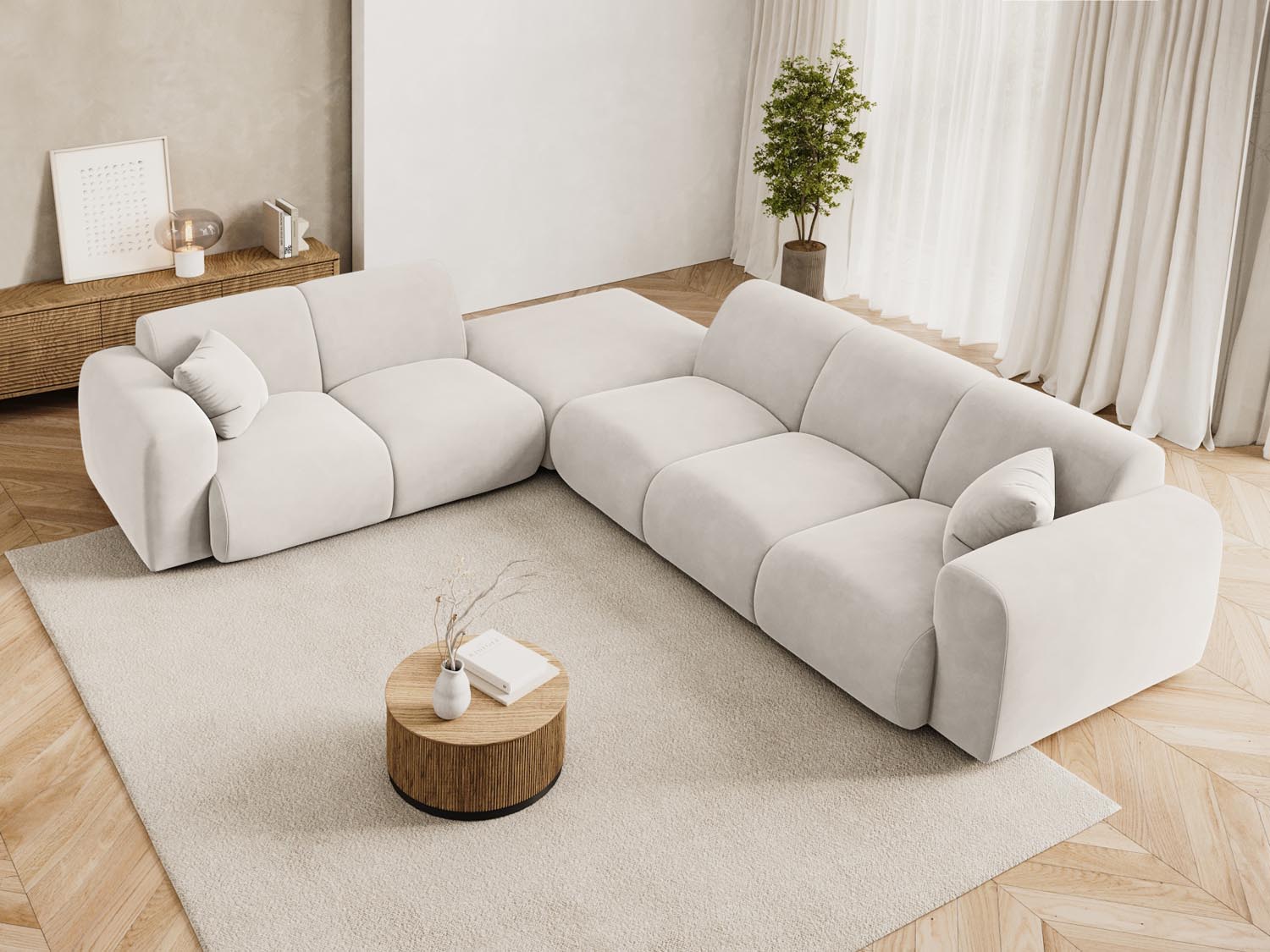 Entdecken Sie das Nolio Velour Ecksofa links (250cm) von Cosmopolitan Design – ein elegantes 4-Sitzer Sofa, das Komfort und modernes Design vereint.