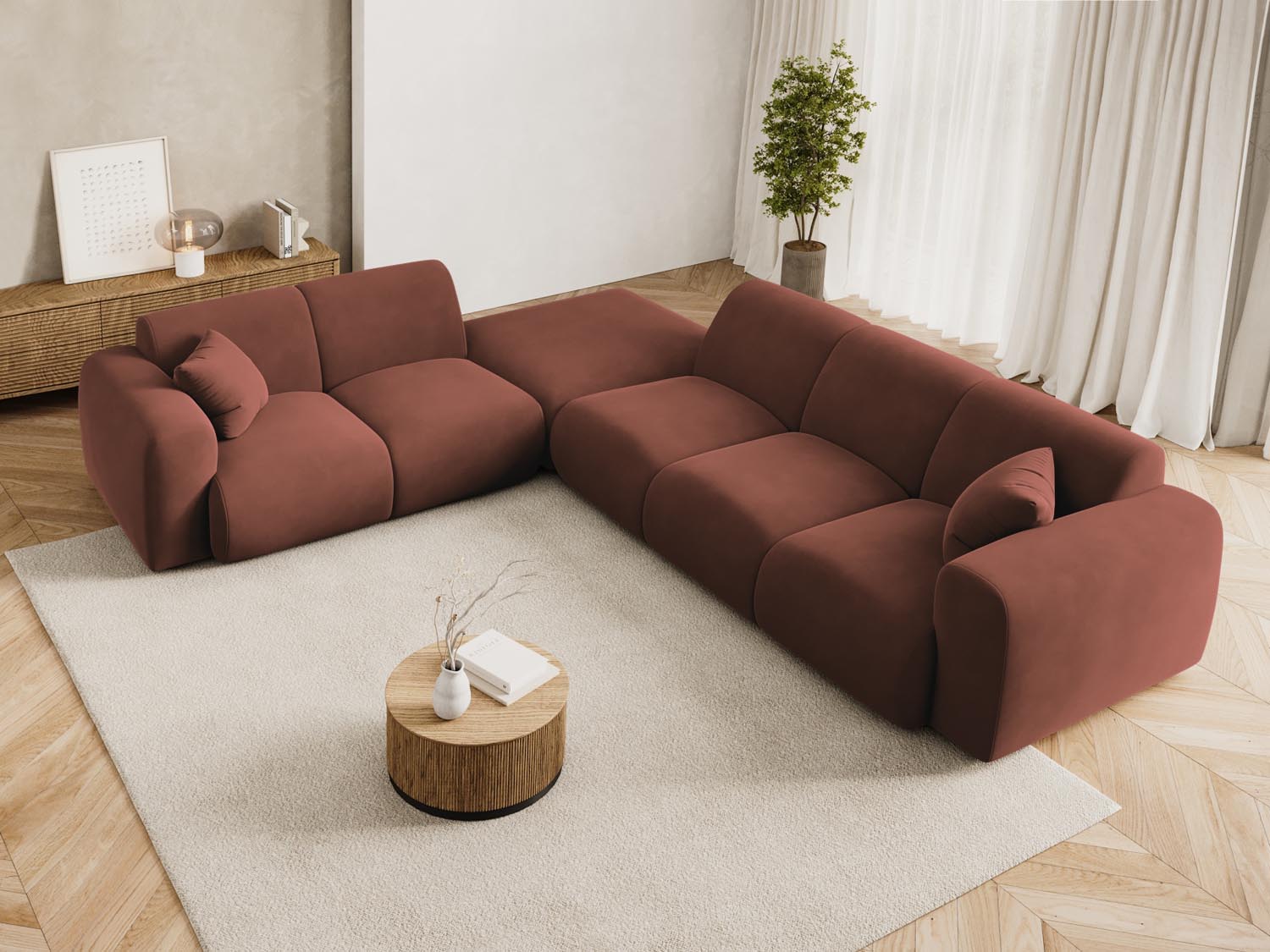 Erleben Sie das stilvolle Nolio Velour Ecksofa links (250cm) von Cosmopolitan Design – ein luxuriöses 4-Sitzer Sofa für Ihr modernes Zuhause.