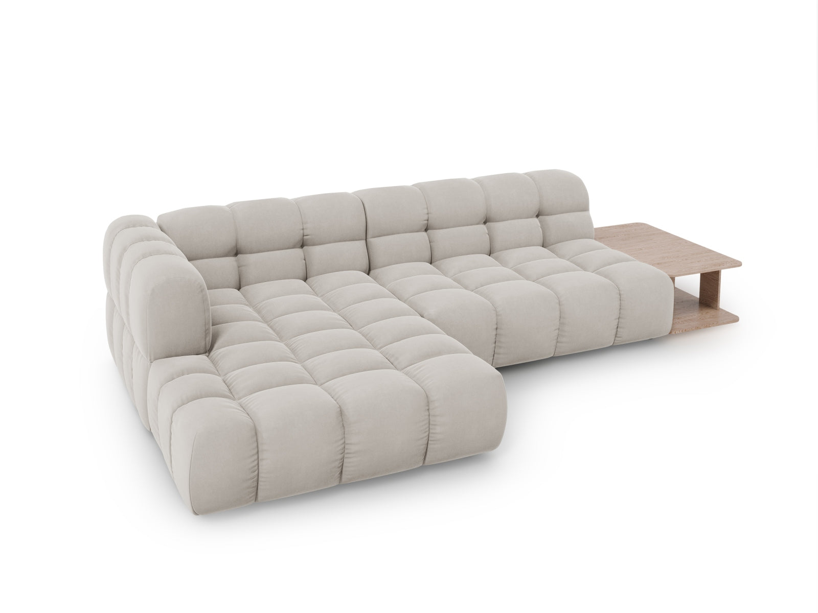 Elegantes modulares L-Sofa links aus weichem Sky Velour, 4-Sitzer mit 162 cm, ideal für stilvolle Wohnräume und entspannte Stunden.