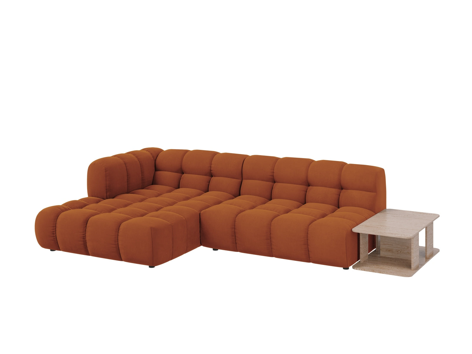 Modulares 4-Sitzer Ecksofa in sanftem Terracotta, linksseitig, aus hochwertigem Sky Velour für ein modernes Wohnambiente.