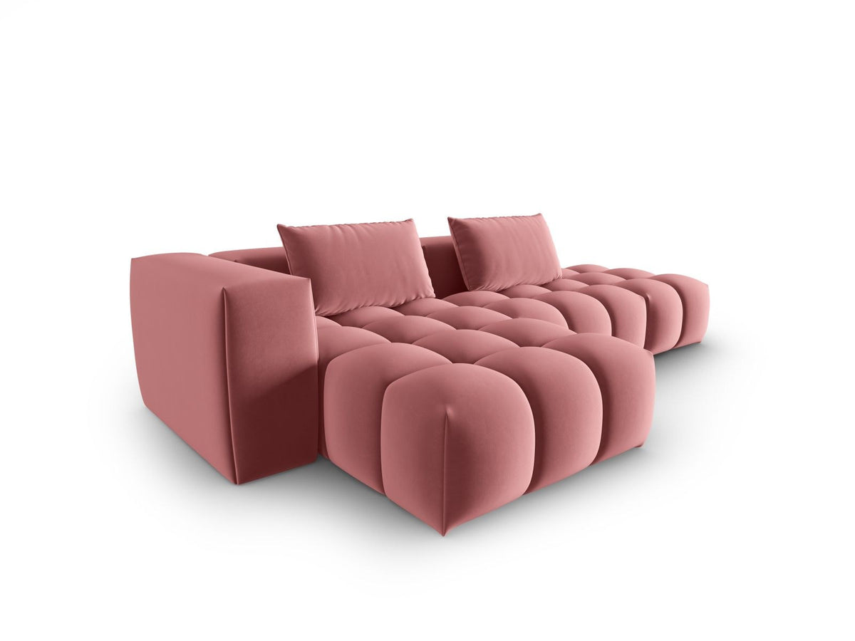 Modulares Ecksofa Verona in Sand-Casino Samt mit Récamiere links, schwarzen Kunststoffbeinen und weicher Velours-Polsterung, 4 Sitzplätze.