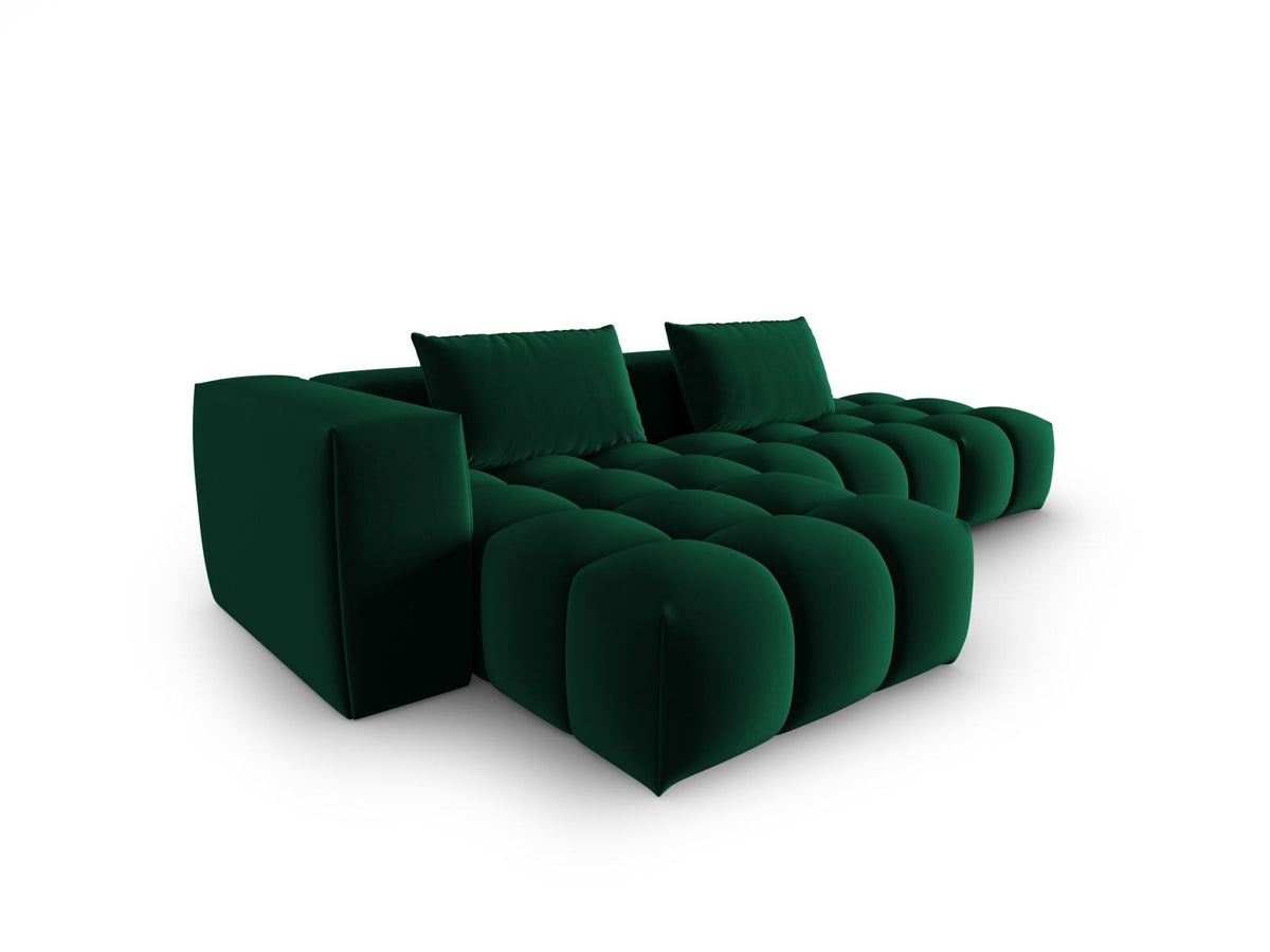 Modulares Ecksofa Verona in Sand-Casino Samt mit Récamiere links, schwarzen Kunststoffbeinen und weicher Velours-Polsterung, 4 Sitzplätze.