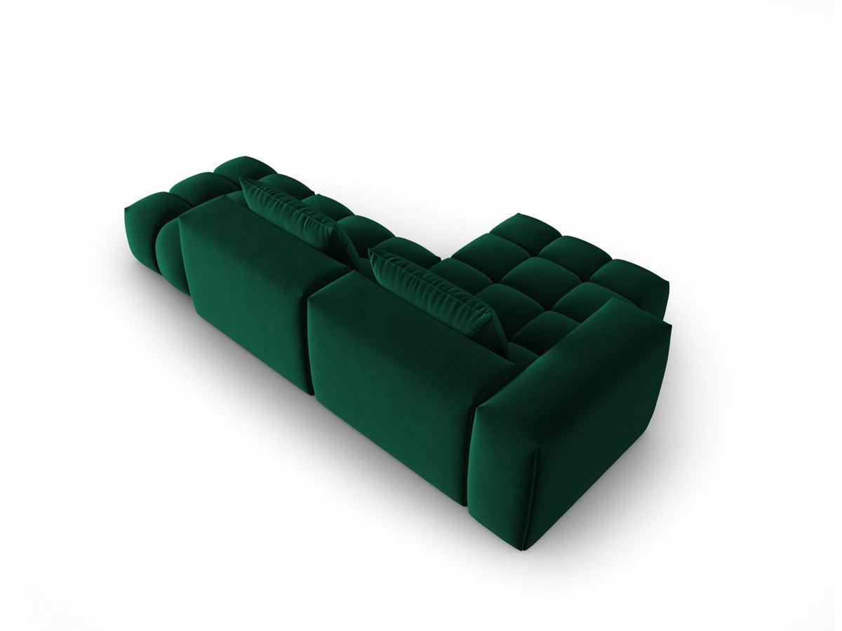 Modulares Ecksofa Verona in Sand-Casino Samt mit Récamiere links, schwarzen Kunststoffbeinen und weicher Velours-Polsterung, 4 Sitzplätze.