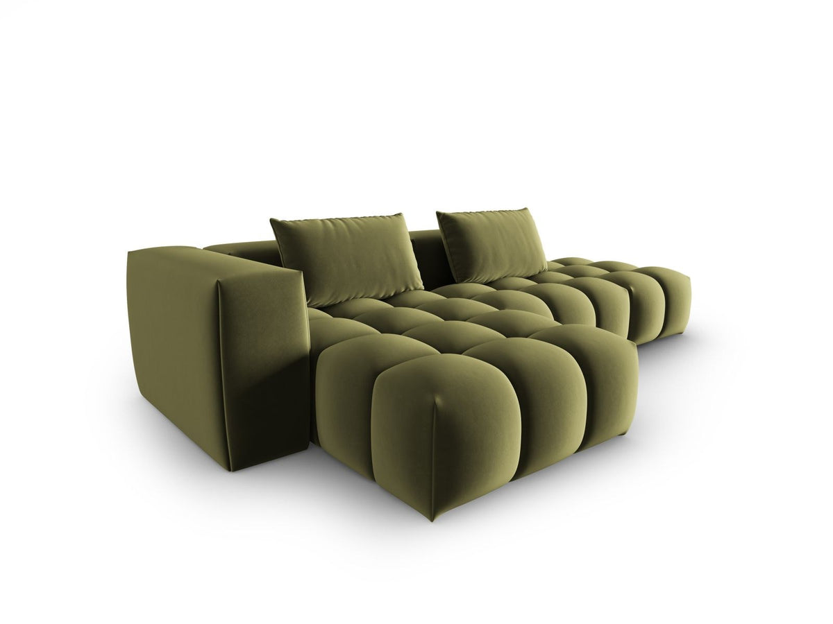 Modulares Ecksofa Verona in Sand-Casino Samt mit Récamiere links, schwarzen Kunststoffbeinen und weicher Velours-Polsterung, 4 Sitzplätze.