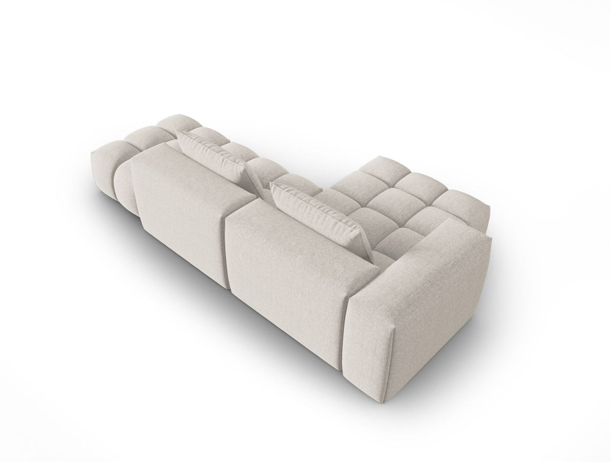 Modulares Ecksofa Verona Links in Beige-Sorella mit Massivholzrahmen, schwarzen Kunststoffbeinen und strukturiertem Tweed-Polsterstoff, 4 Sitzplätze.