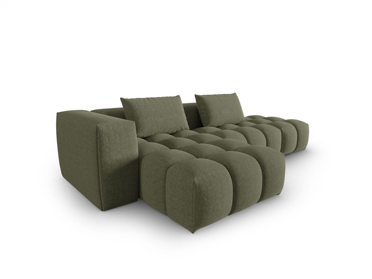 Modulares Ecksofa Verona Links in Beige-Sorella mit Massivholzrahmen, schwarzen Kunststoffbeinen und strukturiertem Tweed-Polsterstoff, 4 Sitzplätze.