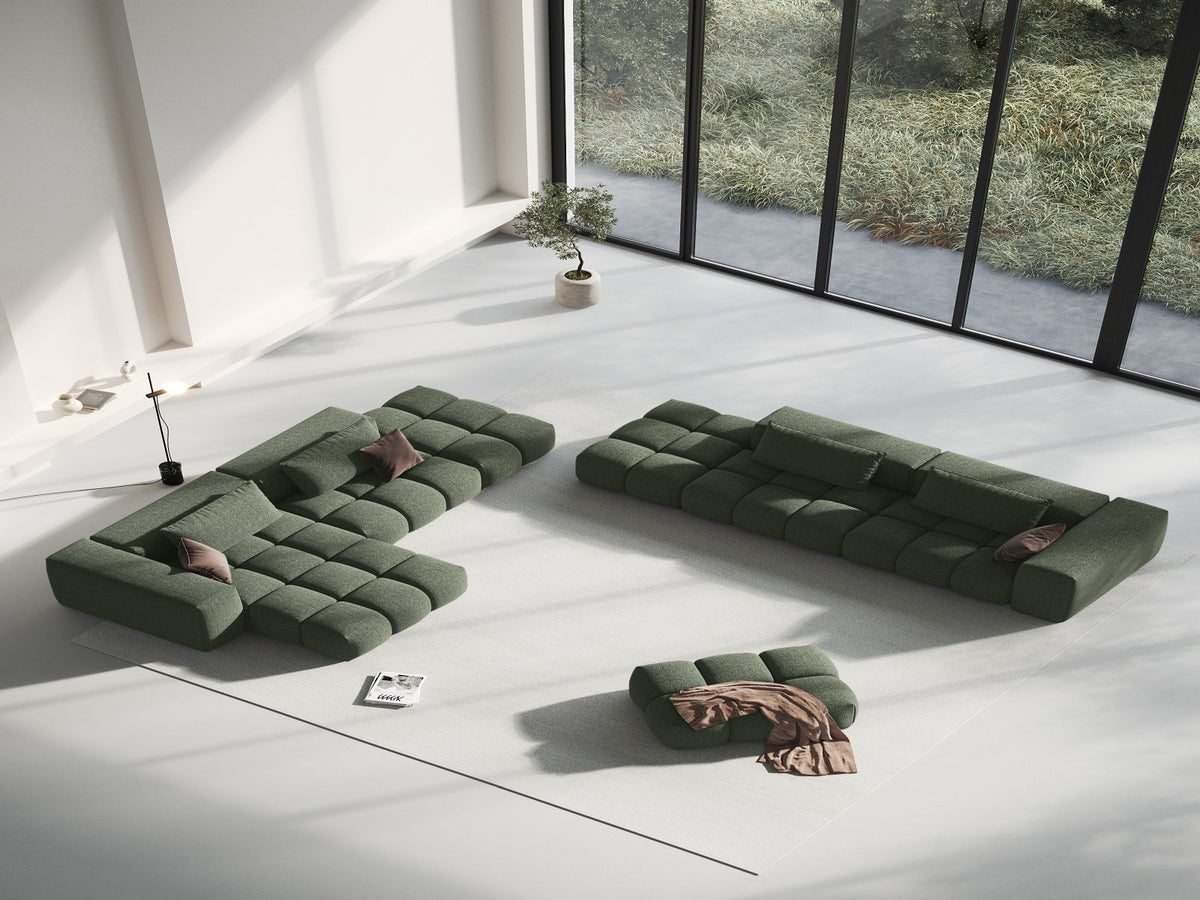 Modulares Ecksofa Verona Links in Beige-Sorella mit Massivholzrahmen, schwarzen Kunststoffbeinen und strukturiertem Tweed-Polsterstoff, 4 Sitzplätze.