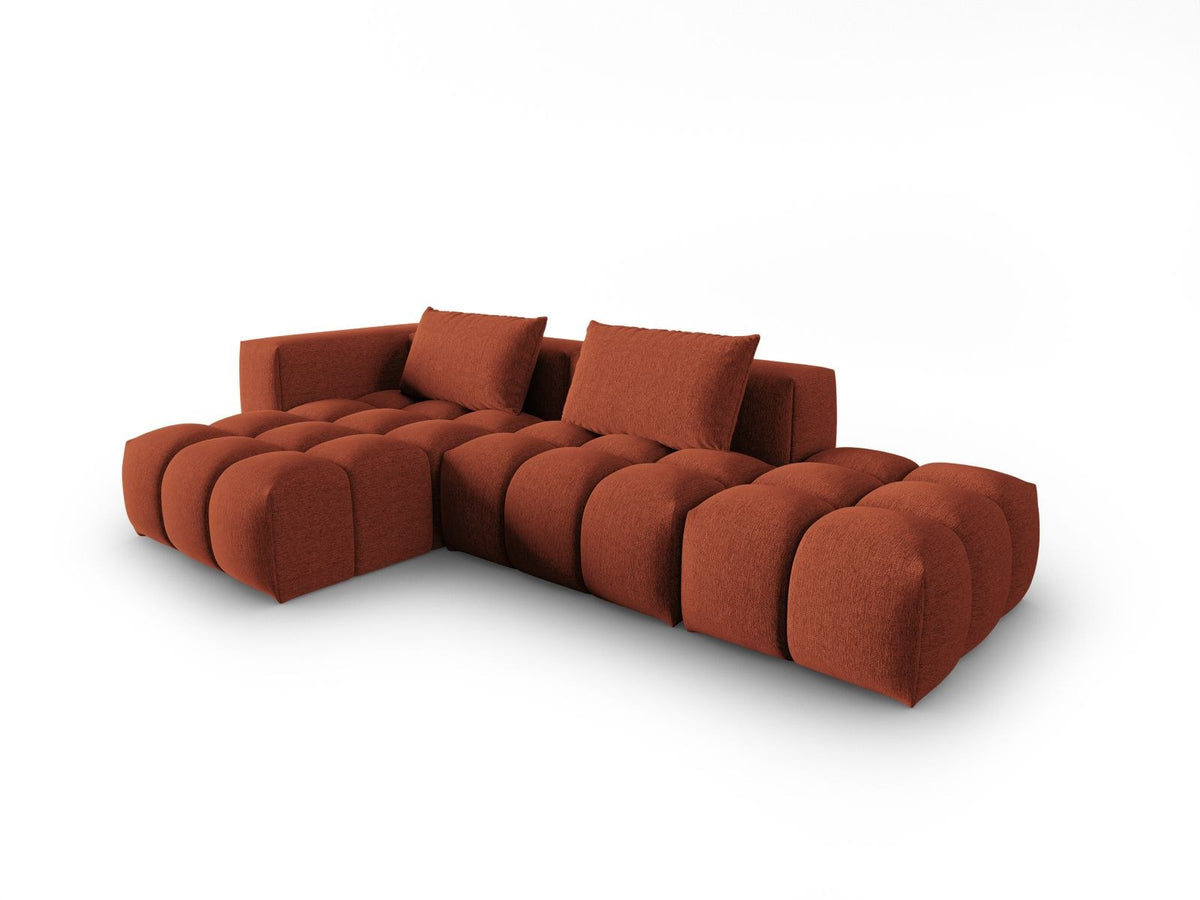 Modulares Ecksofa Verona Links in Beige-Sorella mit Massivholzrahmen, schwarzen Kunststoffbeinen und strukturiertem Tweed-Polsterstoff, 4 Sitzplätze.