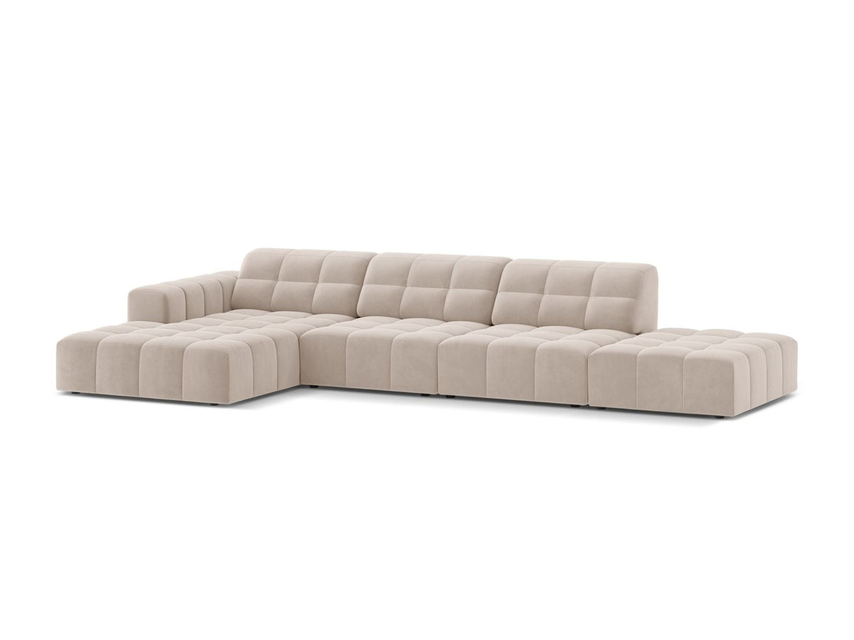 Ecksofa links von Cosmopolitan Design mit Samtbezug in Light Beige, massivem Holzrahmen und schwarzen Kunststoffbeinen, Modell Chicago.