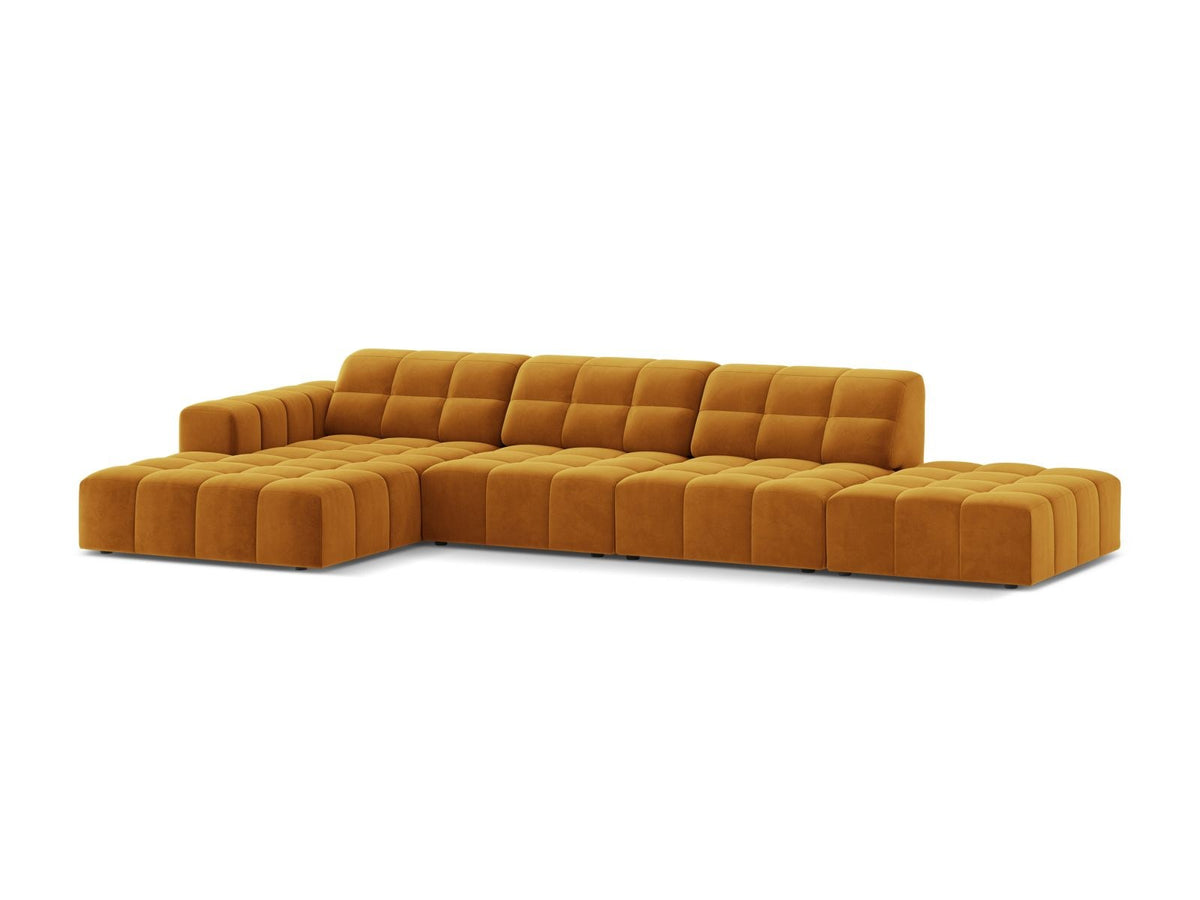 Ecksofa links von Cosmopolitan Design mit Samtbezug in Light Beige, massivem Holzrahmen und schwarzen Kunststoffbeinen, Modell Chicago.