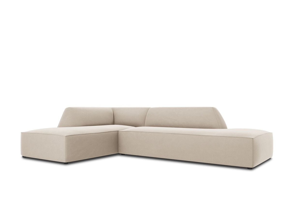 Modulares Ecksofa links in Beige-Salvador Samtstoff, schwarze Kunststoffbeine, Récamiere und gepolsterte Rückenlehne, 4-Sitzer, 180cm Breite.