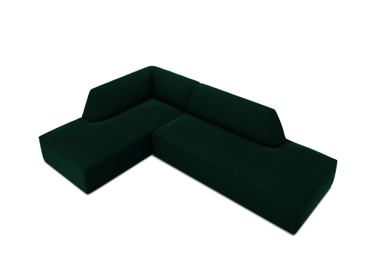 Modulares Ecksofa links in Beige-Salvador Samtstoff, schwarze Kunststoffbeine, Récamiere und gepolsterte Rückenlehne, 4-Sitzer, 180cm Breite.