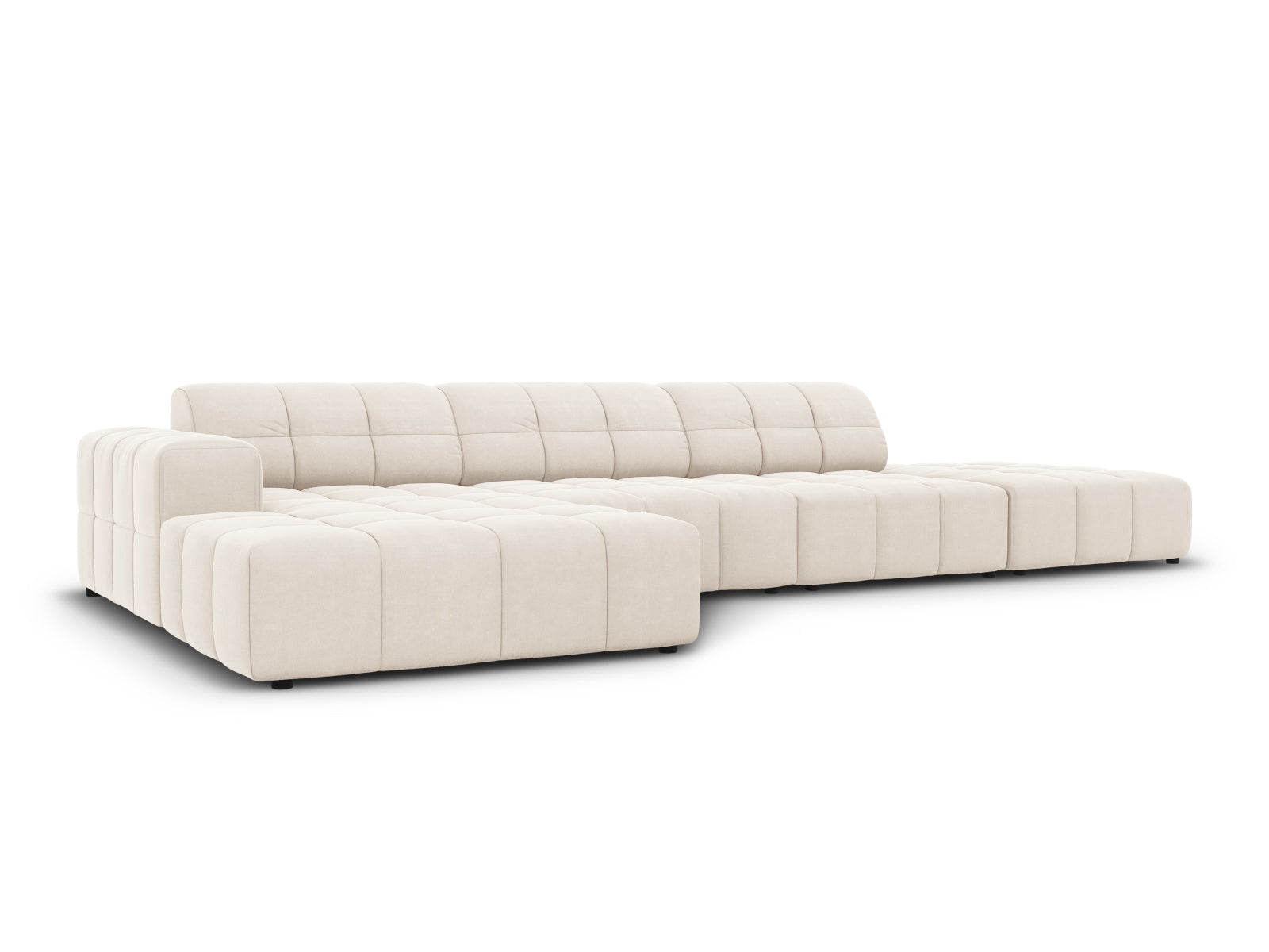 Elegantes Chicago Velour Ecksofa links, 5 Sitzer, 166cm in sanftem Beige, ideal für stilvolle Wohnräume.
