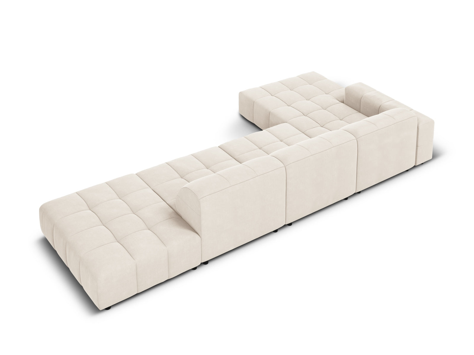 Elegantes, beiges Ecksofa im Veloursdesign, 5 Sitzer, 166cm, ideal für stilvolle und einladende Wohnräume.