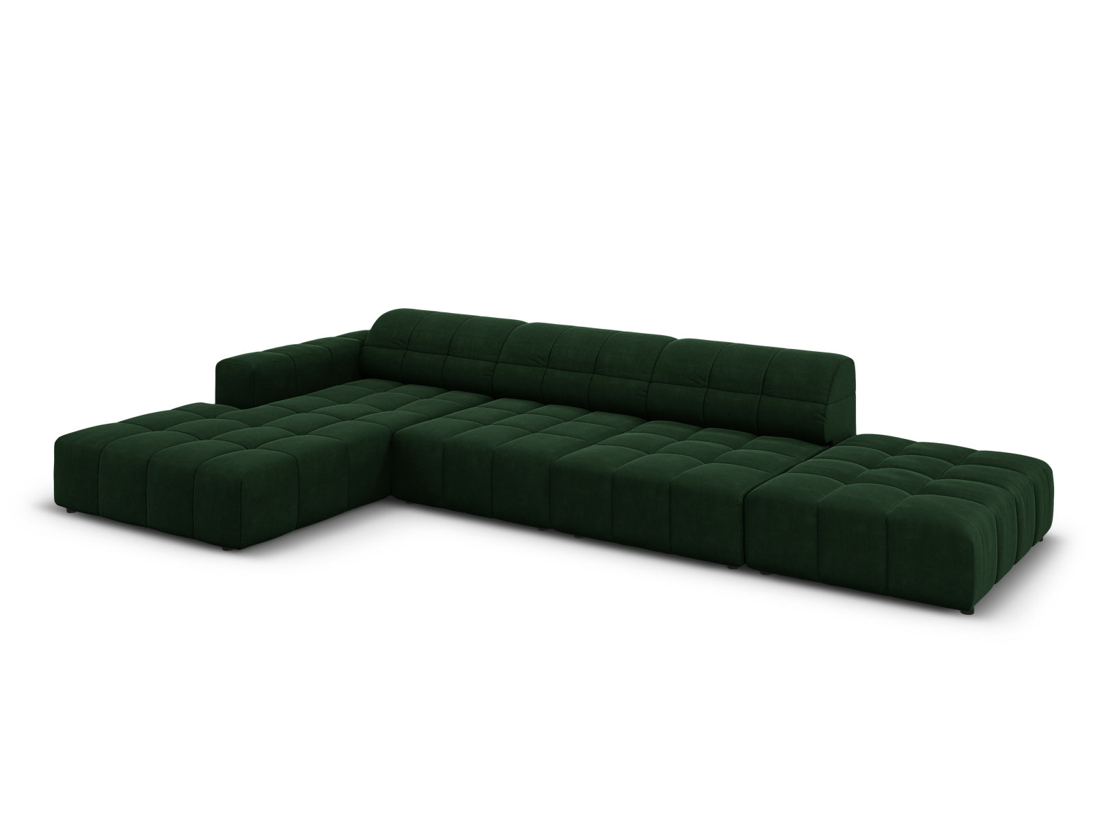 Modernes Chicago Velour Ecksofa links, 5 Sitzer in edlem Bottle Green-Bluvel, perfekt für gemütliche und stilvolle Wohnlandschaften.