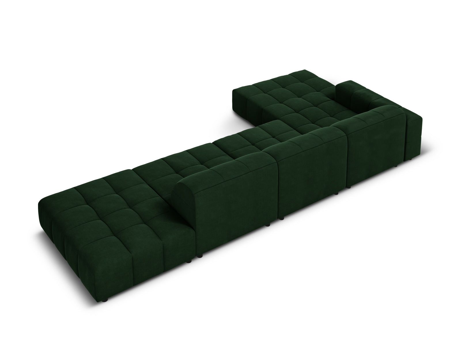 Elegantes Chicago Velour Ecksofa links, 5 Sitzer in luxuriösem Bottle Green-Bluvel, ideal für stilvolle und einladende Wohnräume.