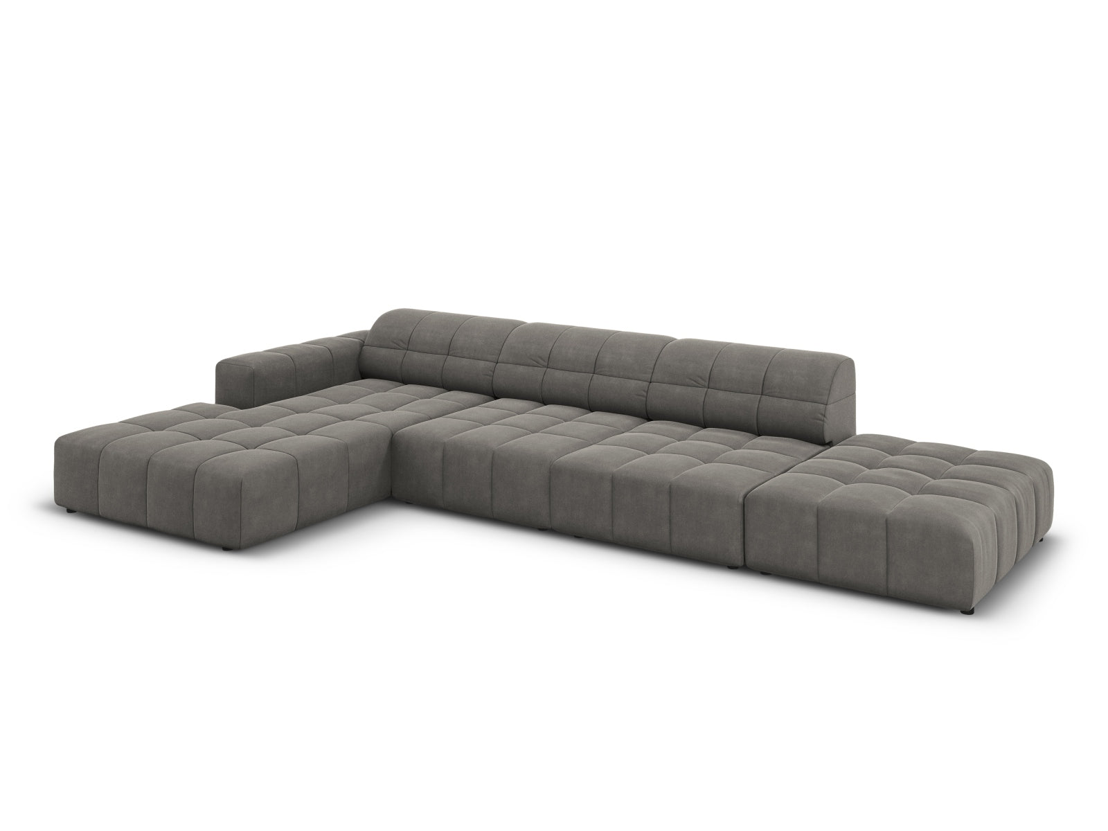 Modernes 5-Sitzer Chicago Velour Ecksofa links in sanftem Light Grey-Bluvel, perfekt für gemütliche und stilvolle Wohnambiente.