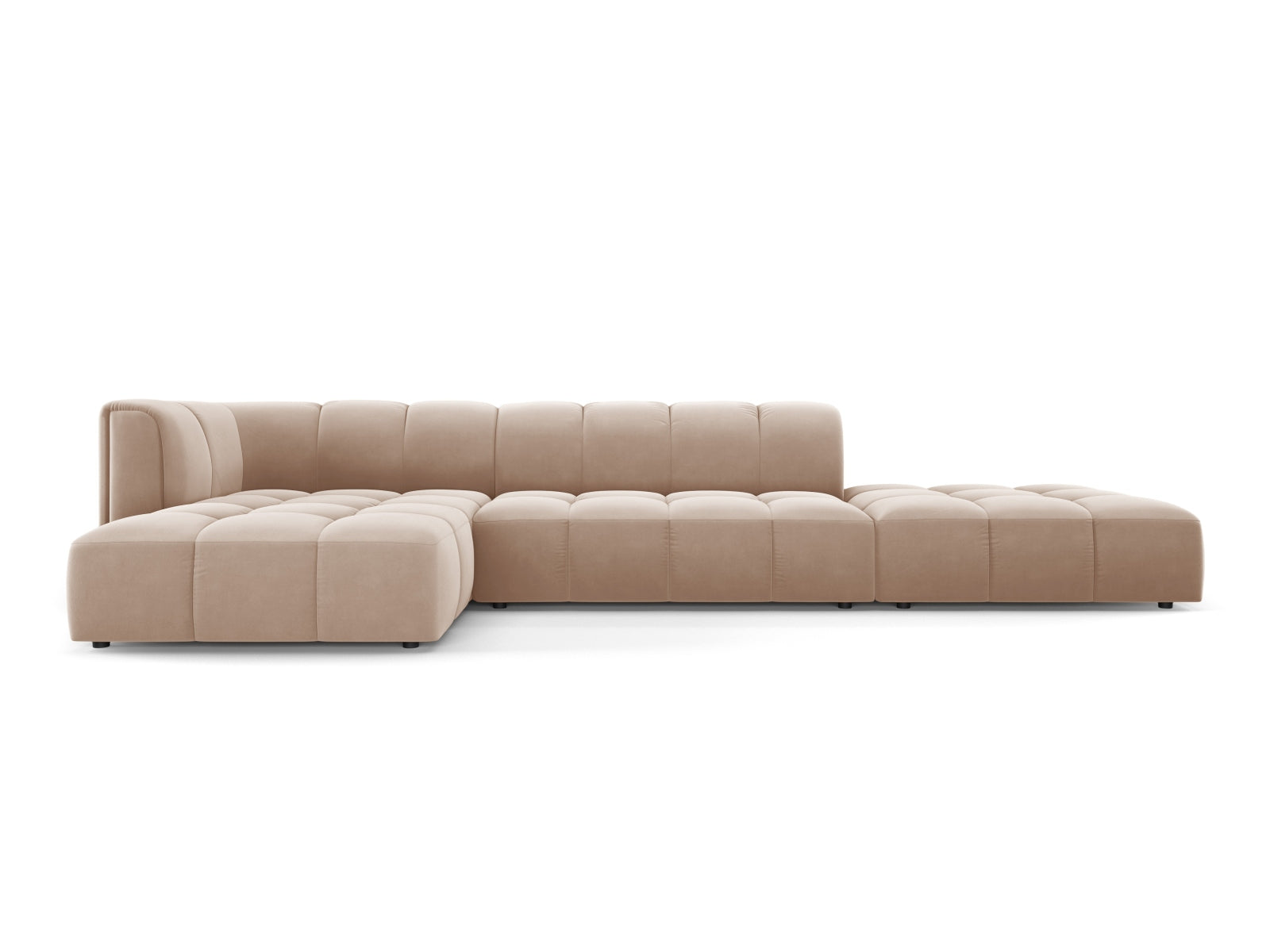 Modulares 5-Sitzer Ecksofa Moritz in eleganten Beige- und Blautönen, ideal für moderne Wohnzimmer und gesellige Stunden.