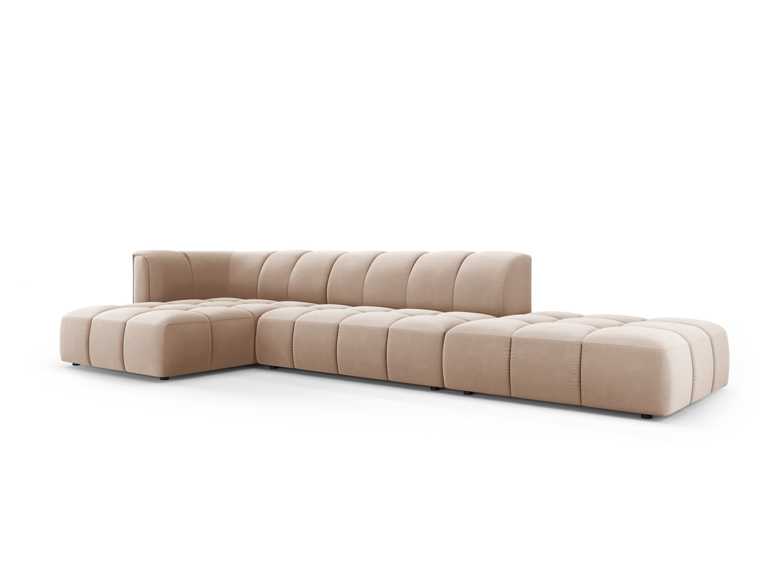 Stylisches 5-Sitzer Ecksofa Moritz in sanften Beige- und Blautönen, perfekt für entspannte Abende und stilvolle Wohnräume.