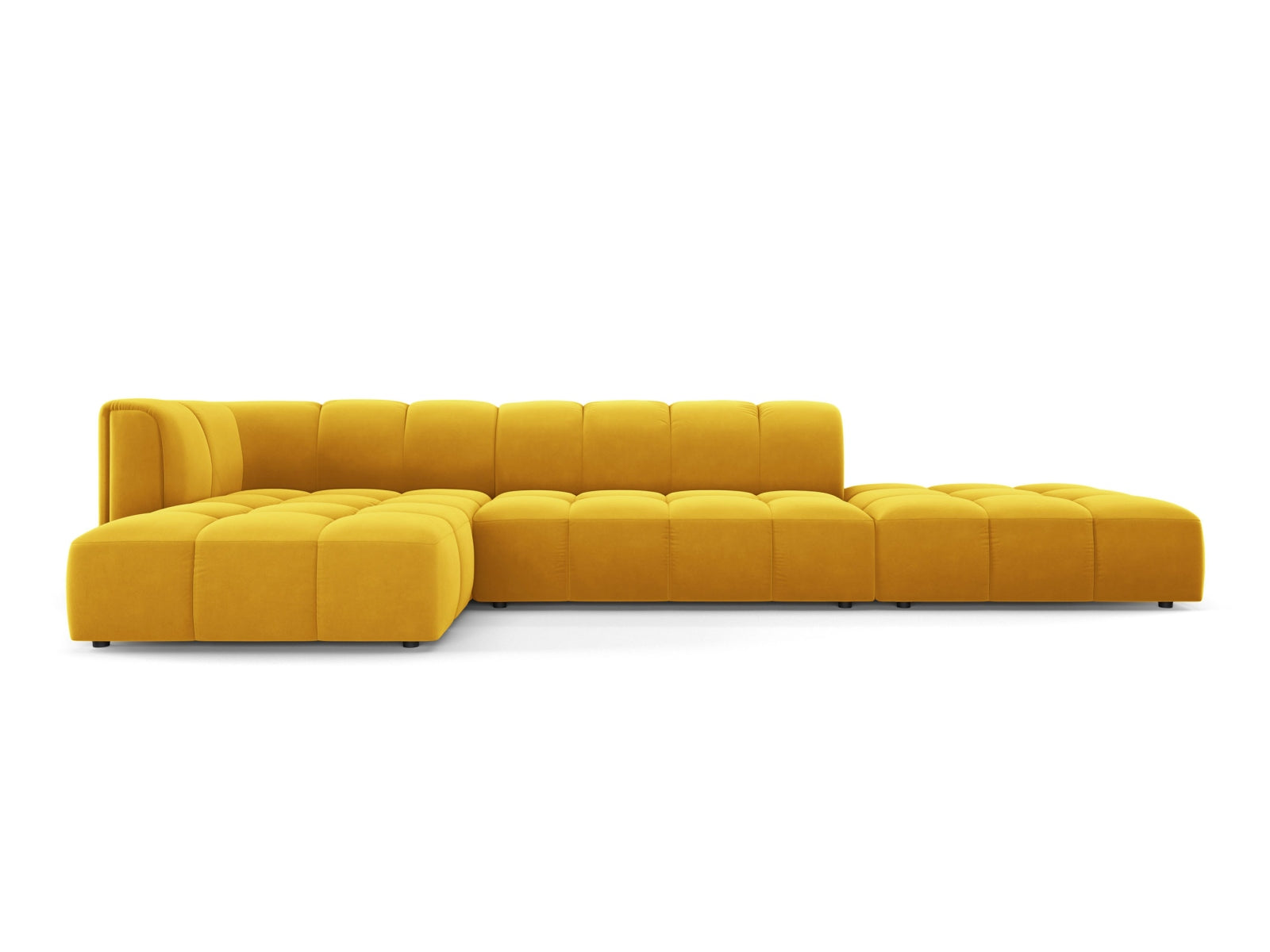 Modulares 5-Sitzer Ecksofa links Moritz in modernem Gelb-Bluvel, ideal für einladende Wohnräume und entspannte Stunden.