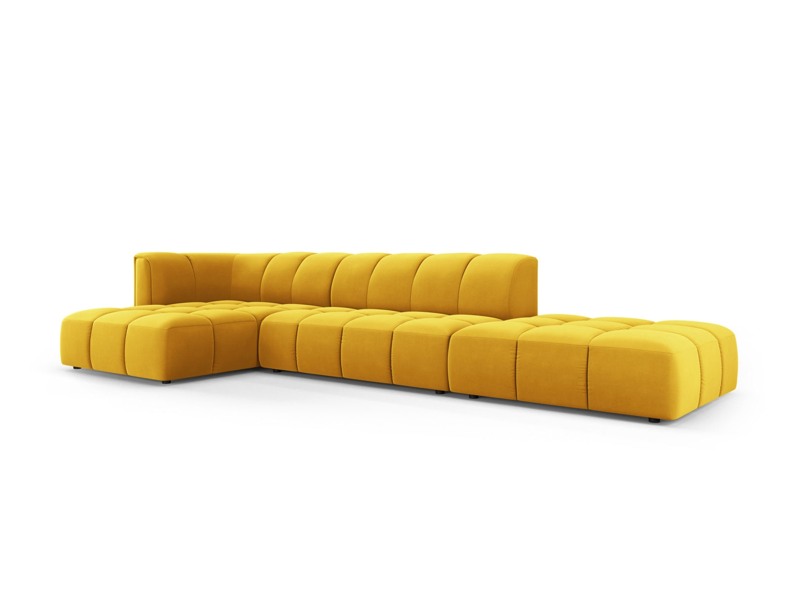 Stylisches 5-Sitzer Ecksofa links Moritz in trendigem Gelb-Bluvel, perfekt für gemütliche Abende und stilvolle Wohnräume.
