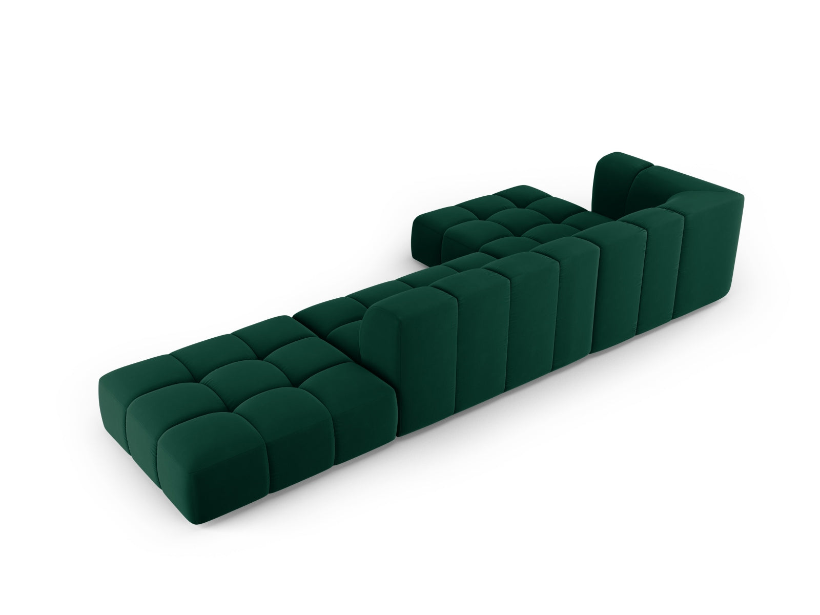 Elegantes 5-Sitzer Ecksofa Moritz in stilvollem Bottle Green-Bluvel, ideal für entspannte Stunden und zeitgemäße Einrichtung.