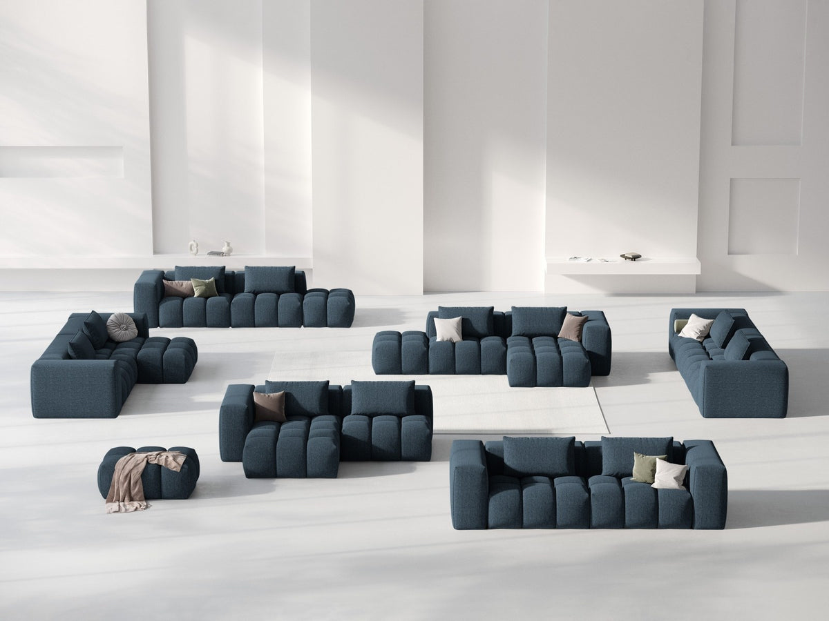 Modulares Ecksofa Verona links mit 3 Sitzplätzen in dunkelblauem Sorella-Stoff, Massivholzrahmen und schwarzen Kunststoffbeinen, Récamiere-Form.