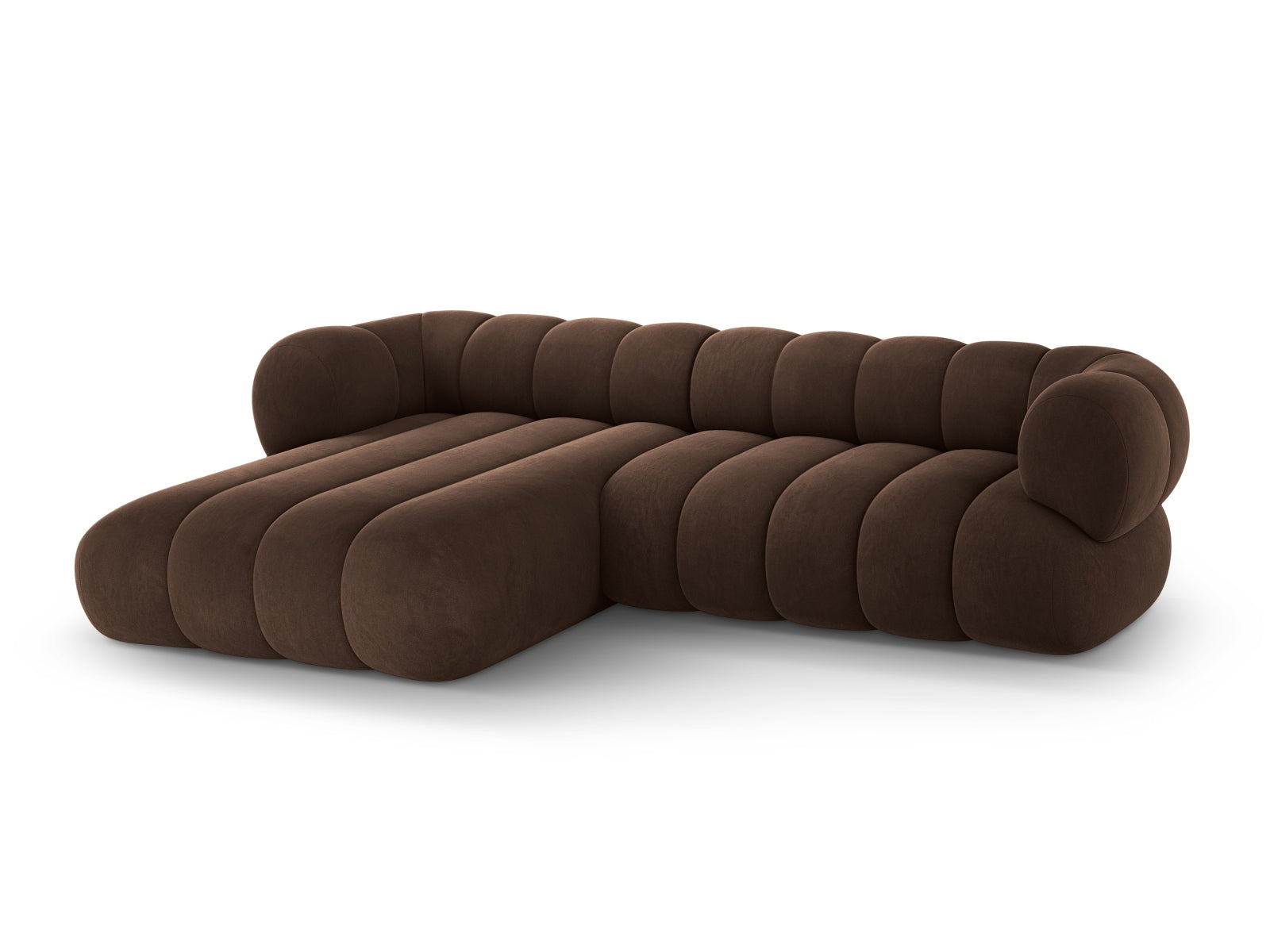 Erleben Sie das Koge Velour Ecksofa links – ein 5-Sitzer mit modernem Design, hohem Komfort und pflegeleichtem Velours für Ihr stilvolles Wohnzimmer.