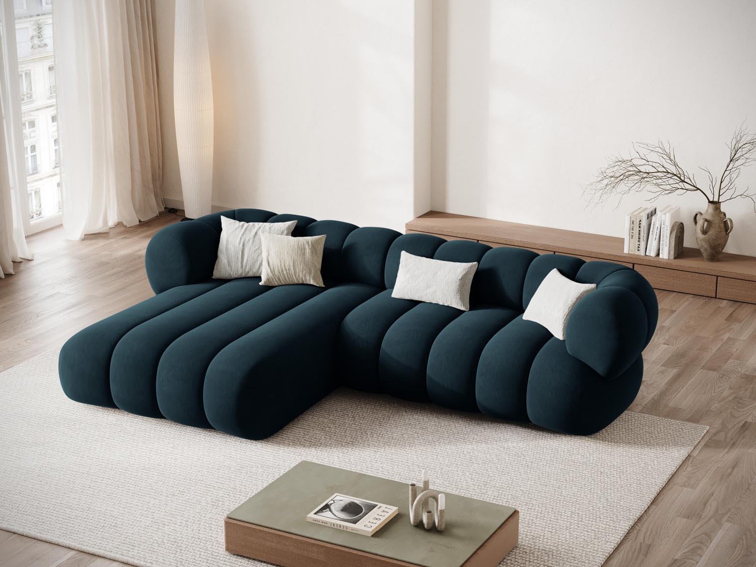 Entdecken Sie das Koge Velour Ecksofa links – ein stilvolles 5-Sitzer Sofa in edlem Velours, ideal für Ihr modernes Wohnzimmer.