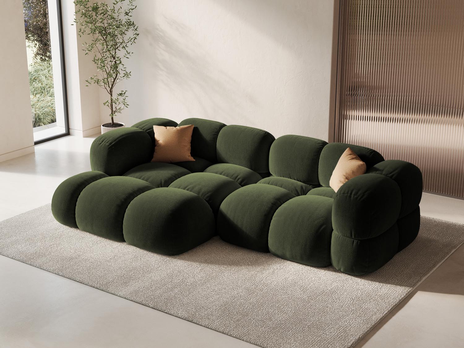 Elegantes Loretto Velour Ecksofa in Grün, 3-Sitzer, linksseitig, ideal für stilvolle Wohnräume, präsentiert von KAQTU Design AG.