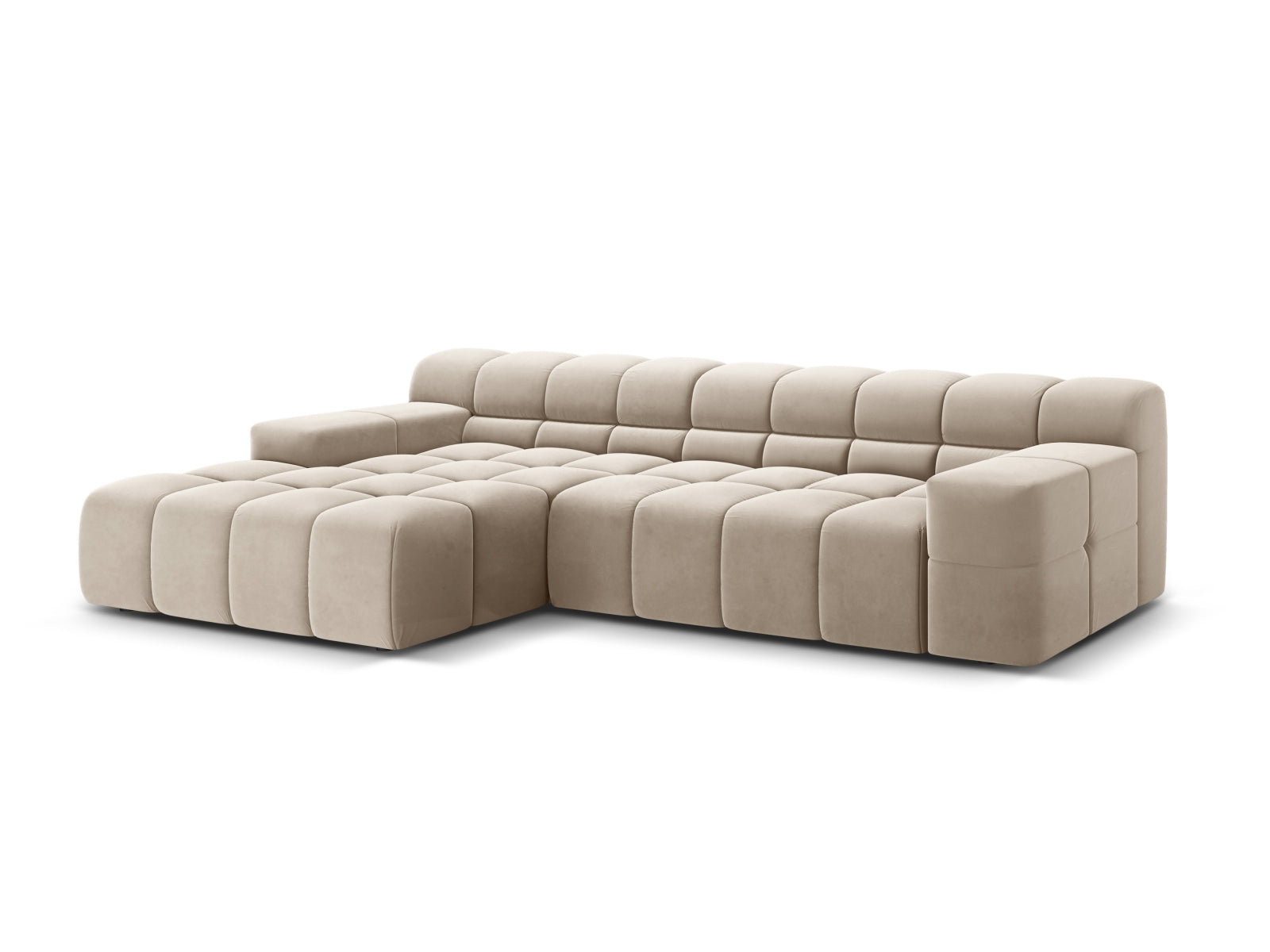 Elegantes 3-Sitzer Ecksofa links Hawaii in sanftem Beige aus Magic Velvet, ideal für stilvolle Wohnräume.