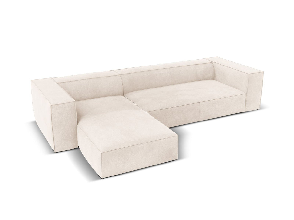 Ecksofa links Turin von Cosmopolitan Design in Light Beige-Rosario, Chenille-Bezug, Buchenholzbeine, 5 Sitzplätze, Récamiere-Form.