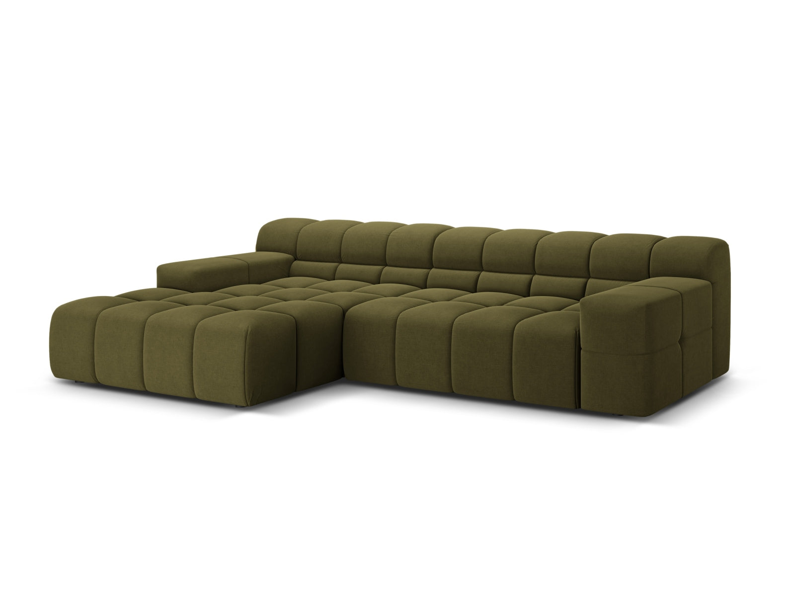 Elegantes 3-Sitzer Ecksofa links Hawaii in stilvollem Grün, ideal für moderne Wohnräume, erhältlich bei KAQTU Design AG.