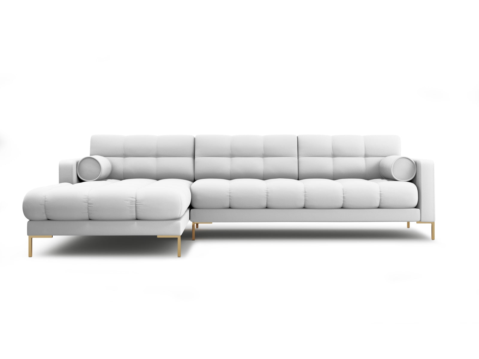 Modernes 5-Sitzer Ecksofa links Bali in leuchtendem Gelb-Bluvel, ideal für entspannte Abende und elegantes Wohndesign.