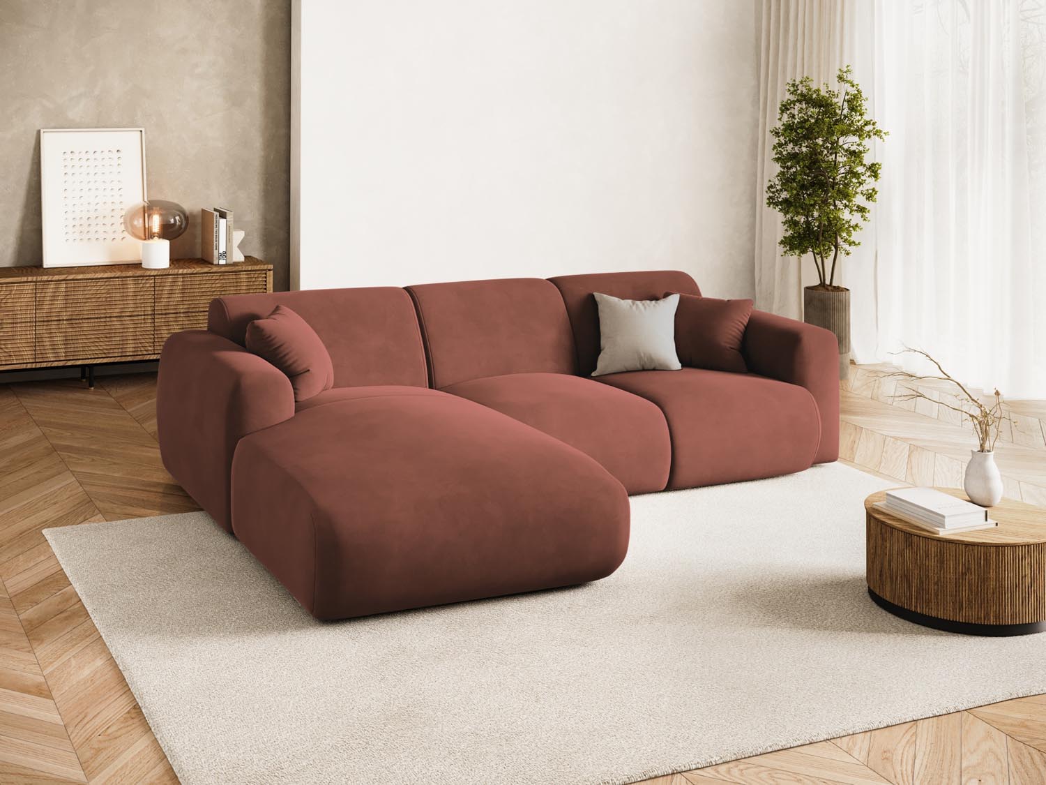 Elegantes Nolio Velour Ecksofa links, 4-Sitzer, 170 cm in Cuoio-Casino, ideal für stilvolle Wohnräume, präsentiert von Cosmopolitan Design.