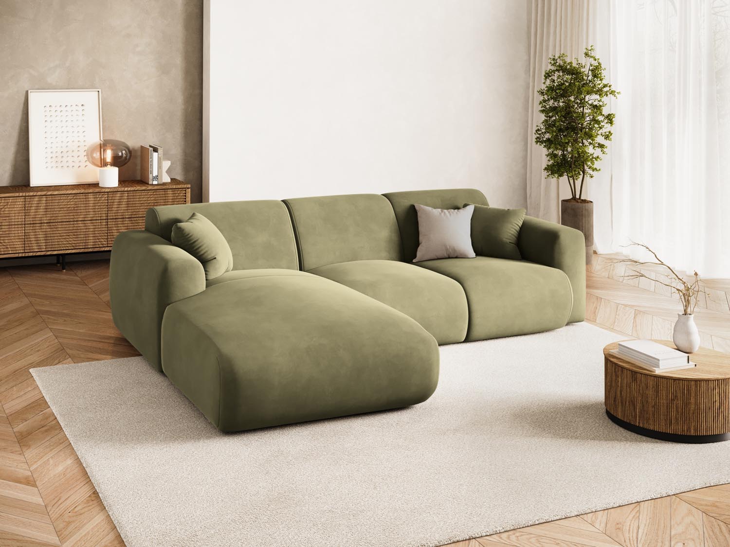 Elegantes Nolio Velour Ecksofa links in sanftem Light Green, ideal für stilvolle Wohnräume. Komfortables 4-Sitzer Design von Cosmopolitan Design.