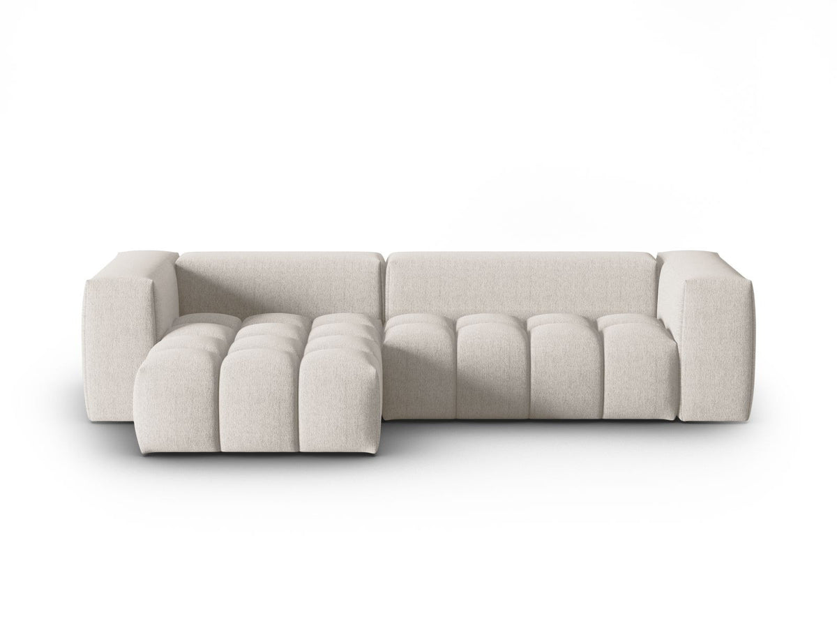 Modulares Ecksofa Verona links mit 3 Sitzplätzen in dunkelblauem Sorella-Stoff, Massivholzrahmen und schwarzen Kunststoffbeinen, Récamiere-Form.