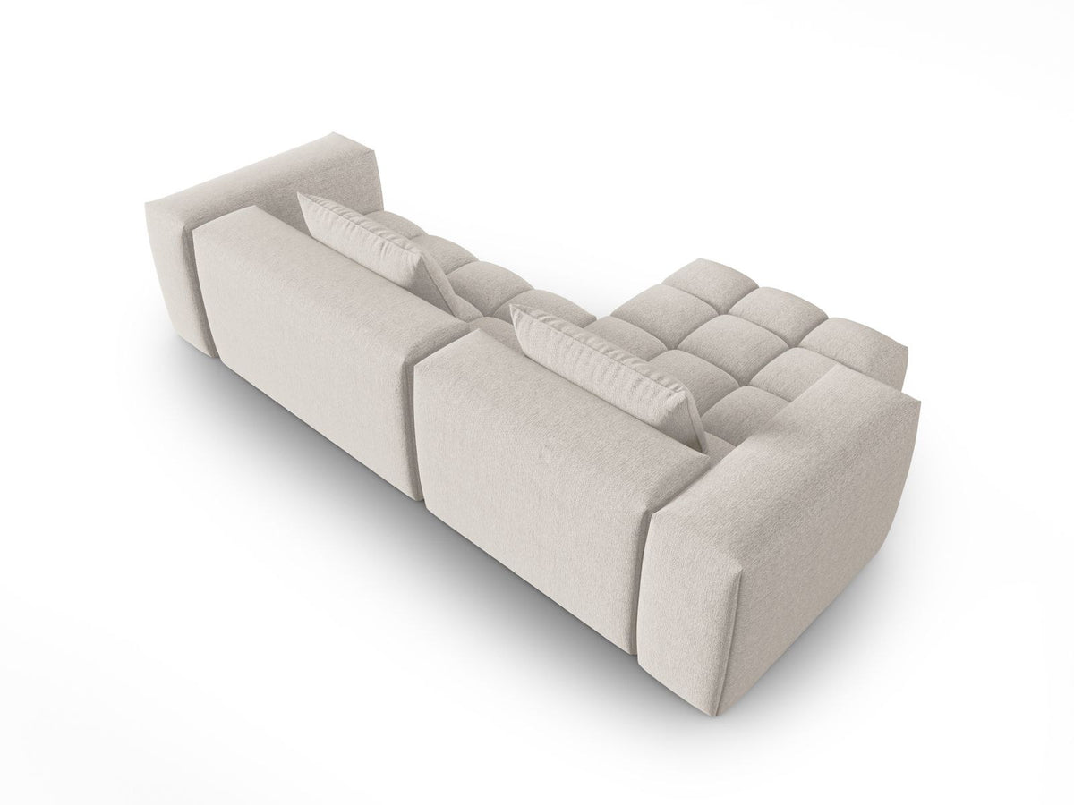 Modulares Ecksofa Verona links mit 3 Sitzplätzen in dunkelblauem Sorella-Stoff, Massivholzrahmen und schwarzen Kunststoffbeinen, Récamiere-Form.