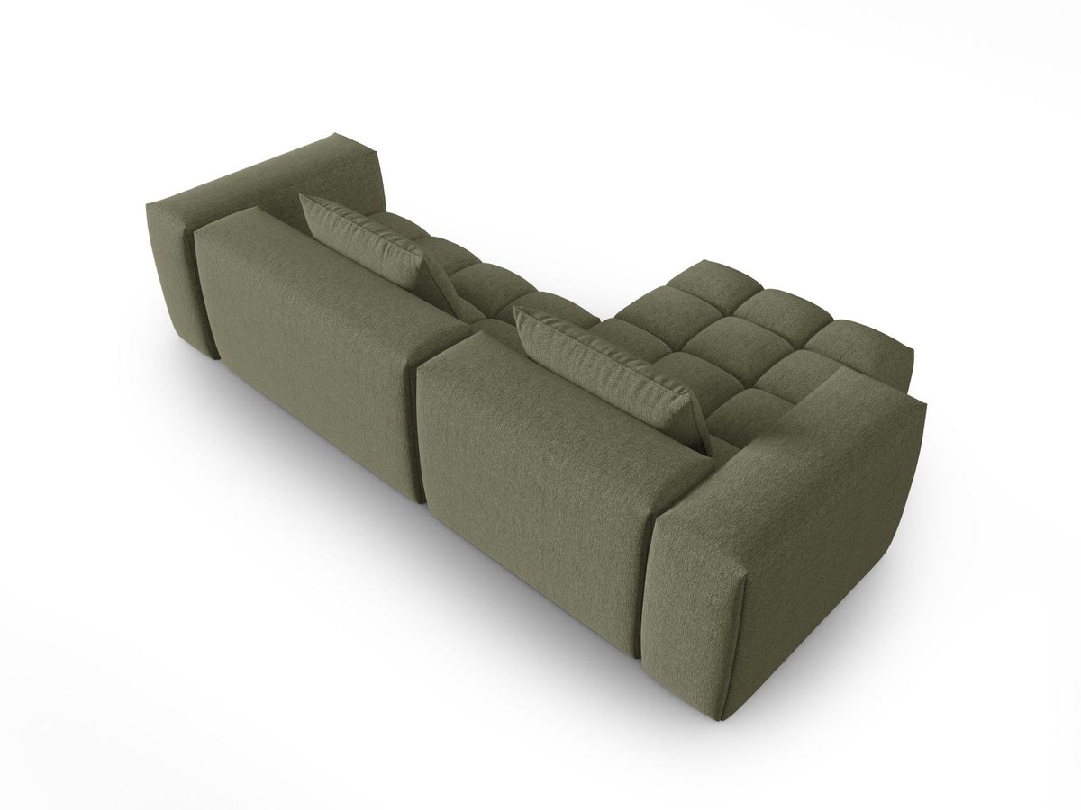Modulares Ecksofa Verona links mit 3 Sitzplätzen in dunkelblauem Sorella-Stoff, Massivholzrahmen und schwarzen Kunststoffbeinen, Récamiere-Form.