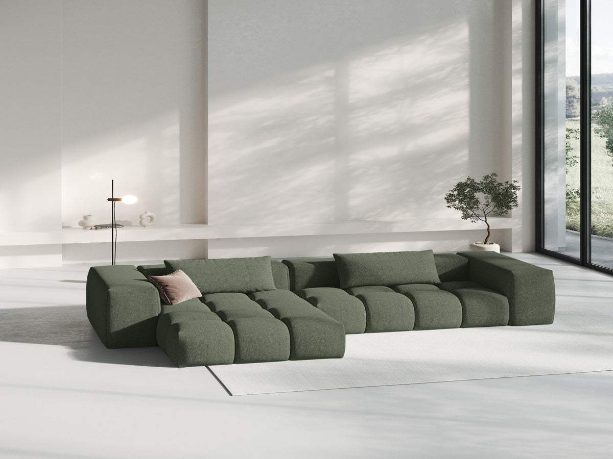 Modulares Ecksofa Verona links mit 3 Sitzplätzen in dunkelblauem Sorella-Stoff, Massivholzrahmen und schwarzen Kunststoffbeinen, Récamiere-Form.