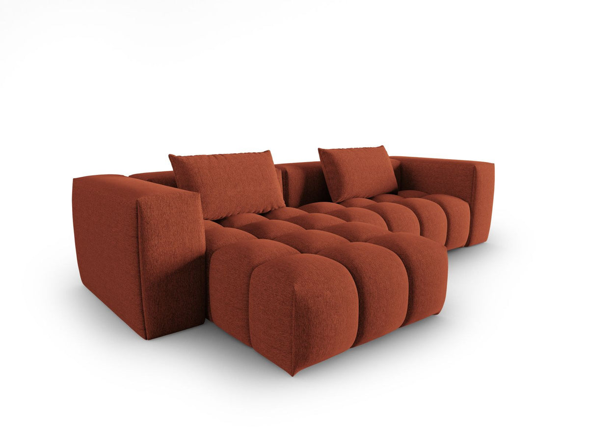 Modulares Ecksofa Verona links mit 3 Sitzplätzen in dunkelblauem Sorella-Stoff, Massivholzrahmen und schwarzen Kunststoffbeinen, Récamiere-Form.
