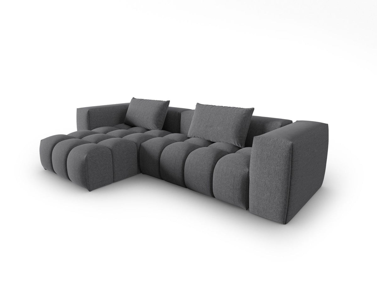 Modulares Ecksofa Verona links mit 3 Sitzplätzen in dunkelblauem Sorella-Stoff, Massivholzrahmen und schwarzen Kunststoffbeinen, Récamiere-Form.