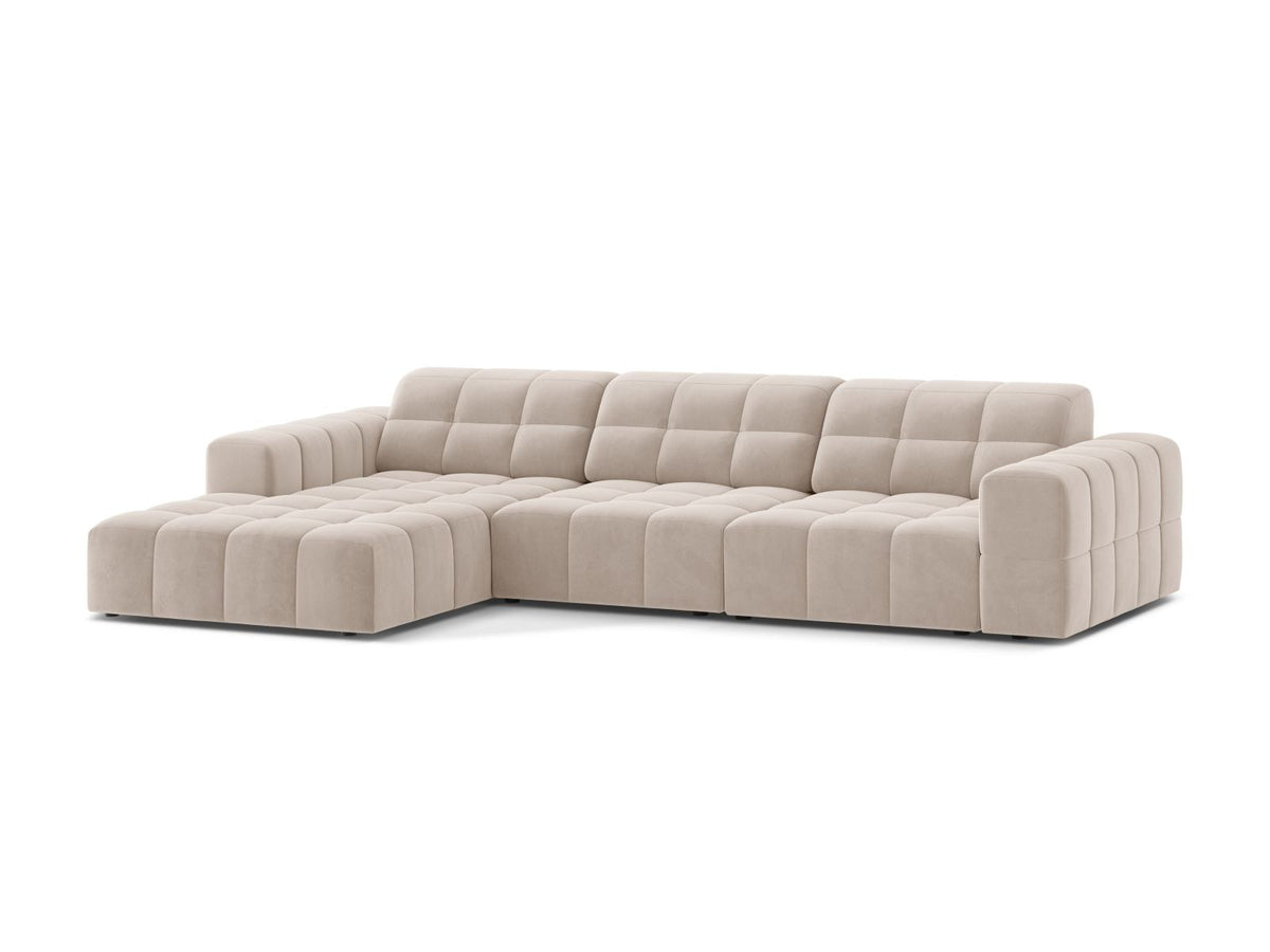 Ecksofa links Chicago von Cosmopolitan Design in Light Beige-Venus Samtvelours, Holzrahmen, Récamiere links, Kunststoffbeine schwarz.