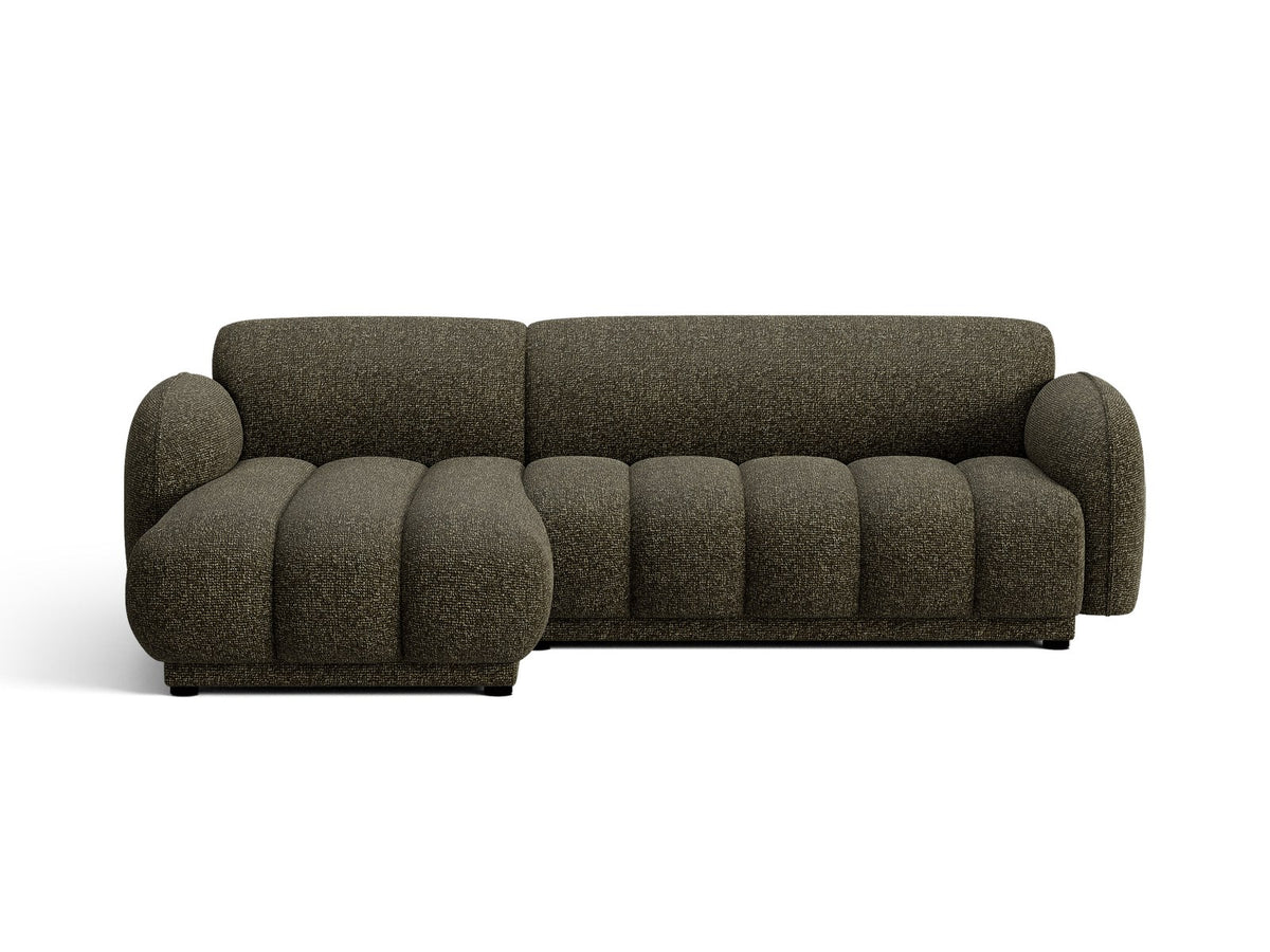 Beige-meliertes Boucle-Ecksofa links mit Récamiere, Massivholzrahmen und schwarzen Kunststoffbeinen, Cosmopolitan Design Bilbao Serie.