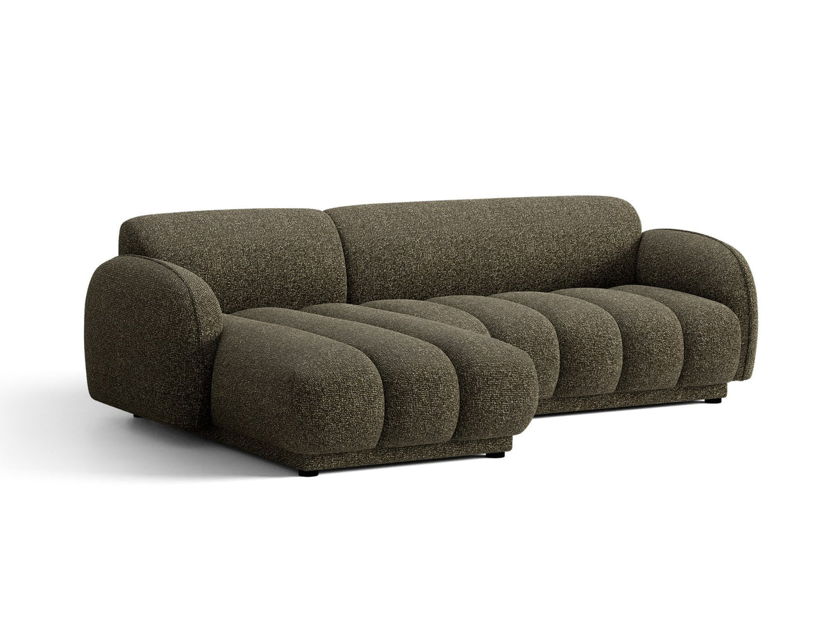 Beige-meliertes Boucle-Ecksofa links mit Récamiere, Massivholzrahmen und schwarzen Kunststoffbeinen, Cosmopolitan Design Bilbao Serie.