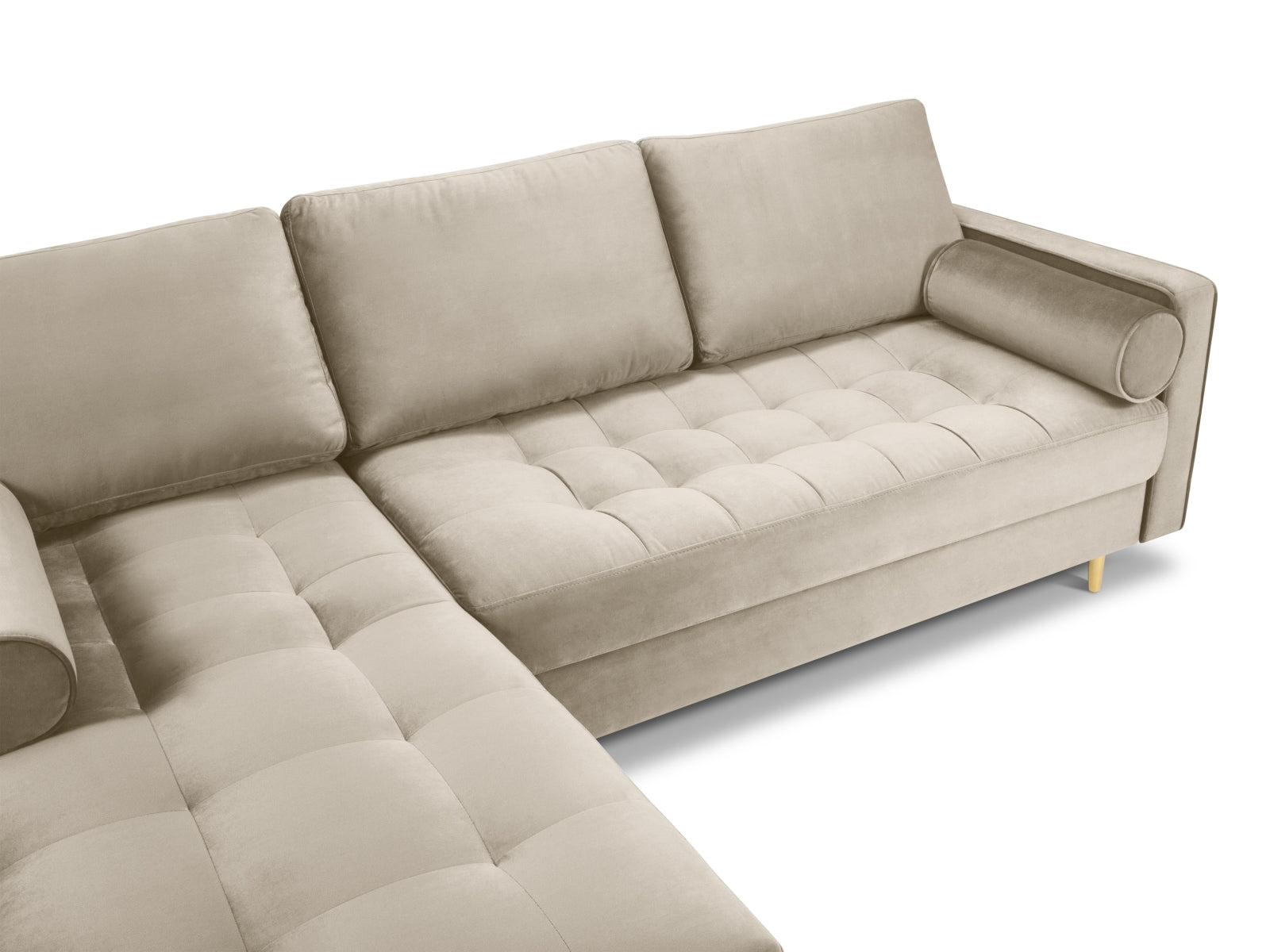 Elegantes 4-Sitzer Ecksofa links Aspen in stilvollem Dunkelbeige, ideal für entspannte Stunden und geschmackvolle Wohnräume.