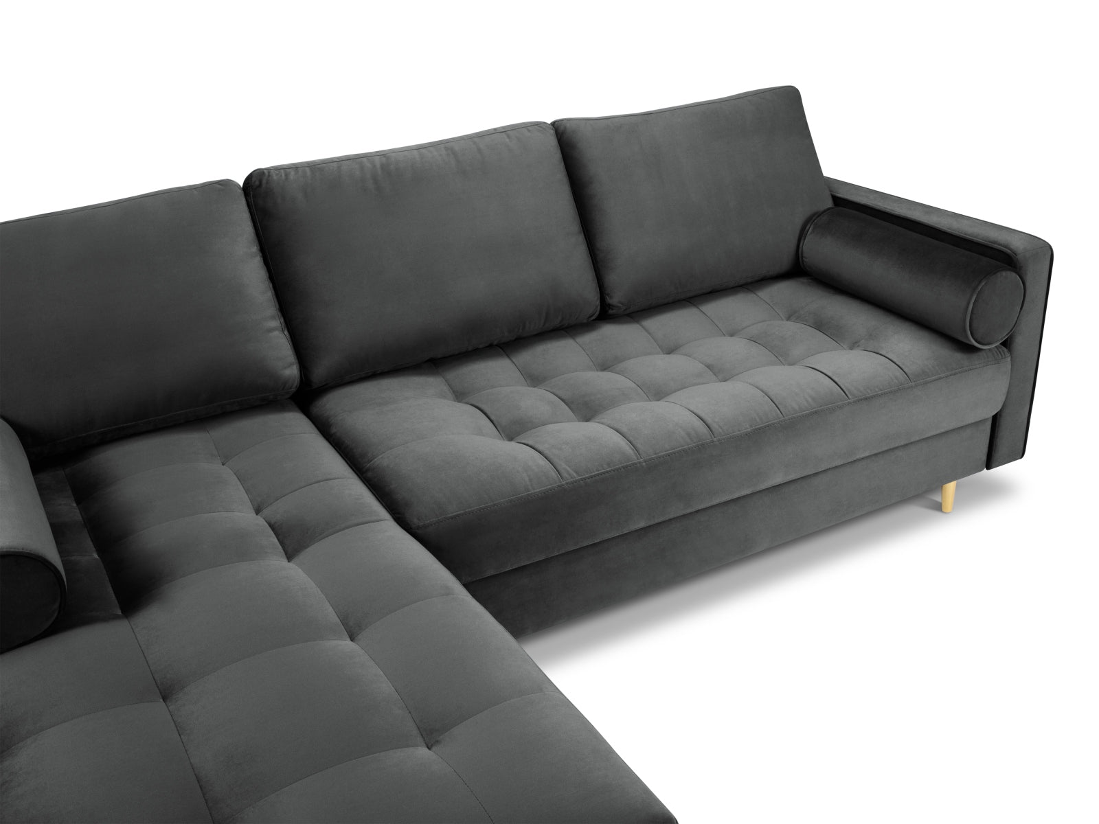 Elegantes 4-Sitzer Ecksofa links Aspen in zeitlosem Dunkelgrau, ideal für stilvolle Wohnräume und entspannte Abende von Cosmopolitan Design.