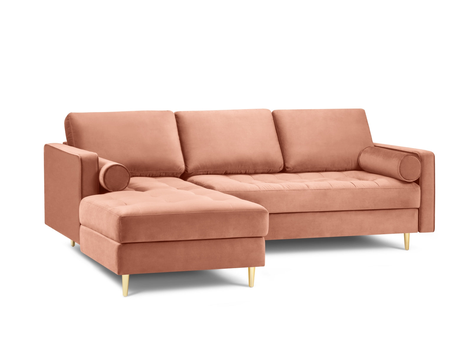 Modernes 4-Sitzer Ecksofa links Aspen in strahlendem Pink, perfekt für stilvolle Wohnräume und entspannte Momente mit Freunden.