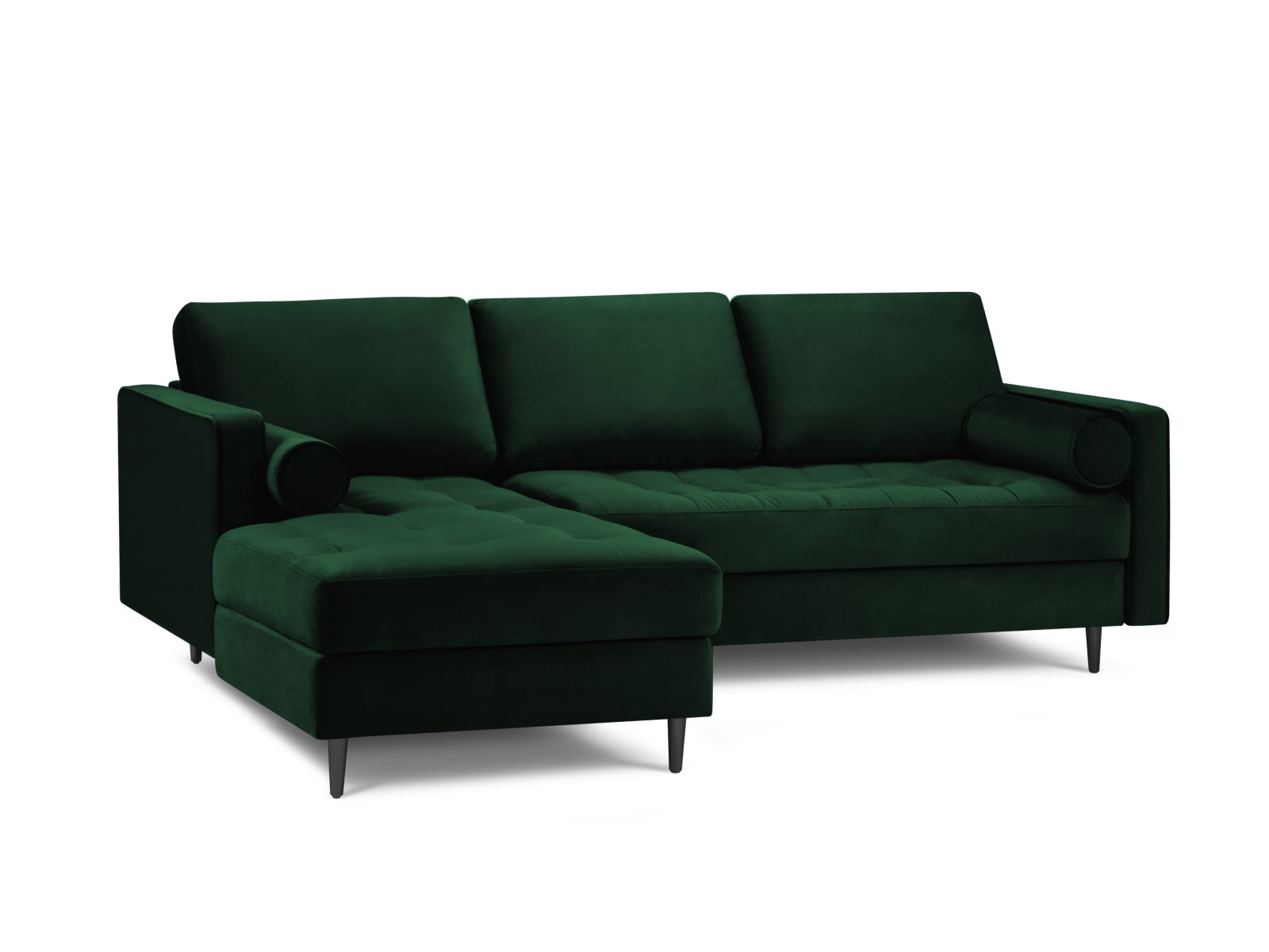 Modernes 4-Sitzer Ecksofa links Aspen in luxuriösem Flaschengrün, perfekt für gemütliche und stilvolle Wohnambiente.